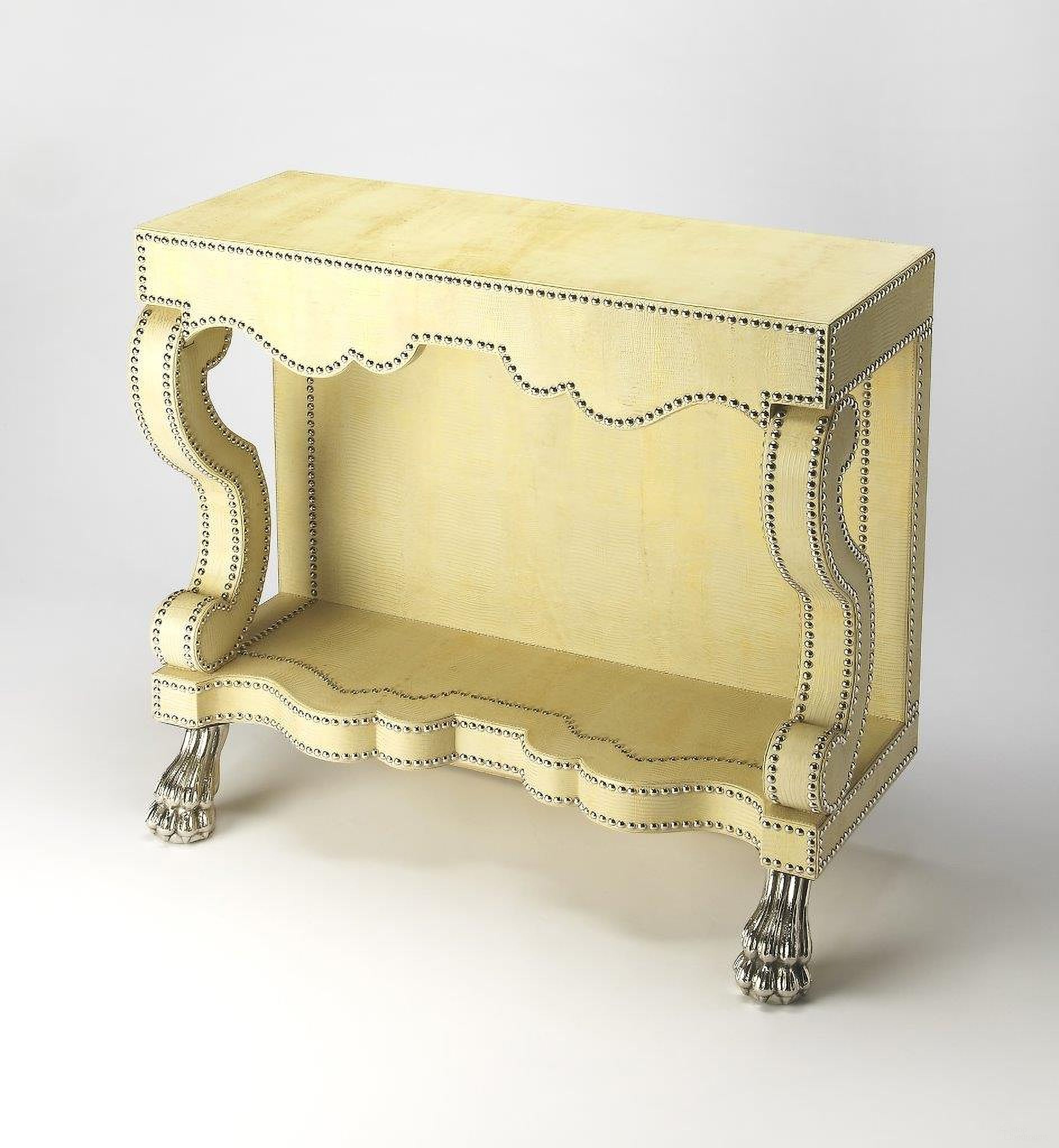 The appearance of Butler Bonino Cosmopolitan Leather Console Table designed by Butler Specialty Company in the transitional interior design. This beige piece of furniture was selected by 1StopBedrooms from Bonino Collection to add a touch of cosiness and style into your home. Sku: 6156350. Material: Leather.