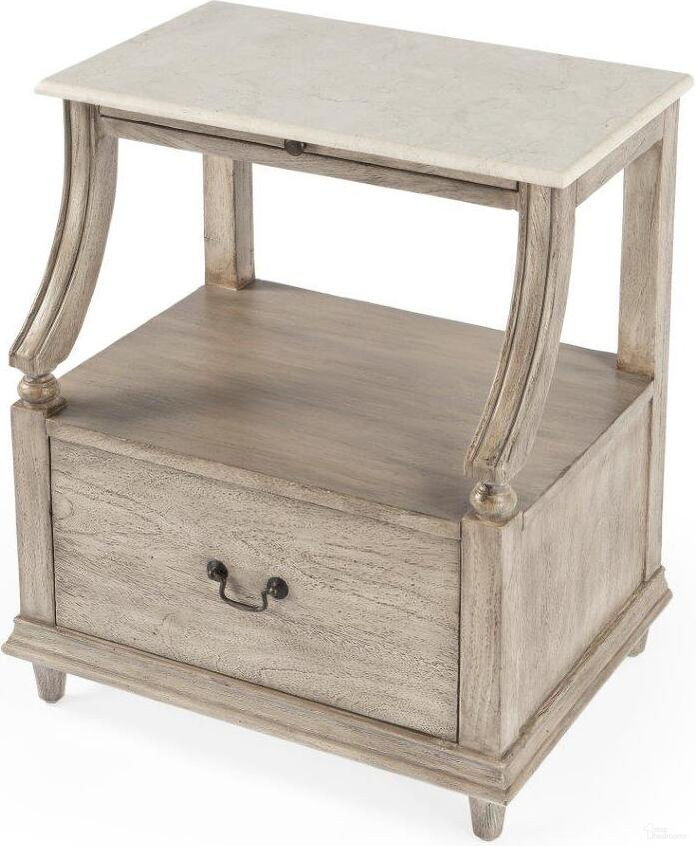 The appearance of Butler Danielle Marble Nightstand In Grey designed by Butler Specialty Company in the transitional interior design. This grey piece of furniture  was selected by 1StopBedrooms from Masterpiece Collection to add a touch of cosiness and style into your home. Sku: 5519329. Material: Marble.