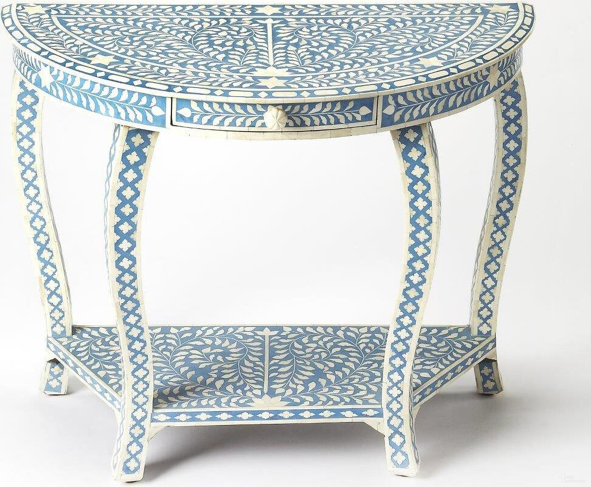 The appearance of Butler Darrieux Blue Bone Inlay Demilune Console Table designed by Butler Specialty Company in the traditional interior design. This blue piece of furniture  was selected by 1StopBedrooms from Bone Inlay Collection to add a touch of cosiness and style into your home. Sku: 3881319. Material: Wood.