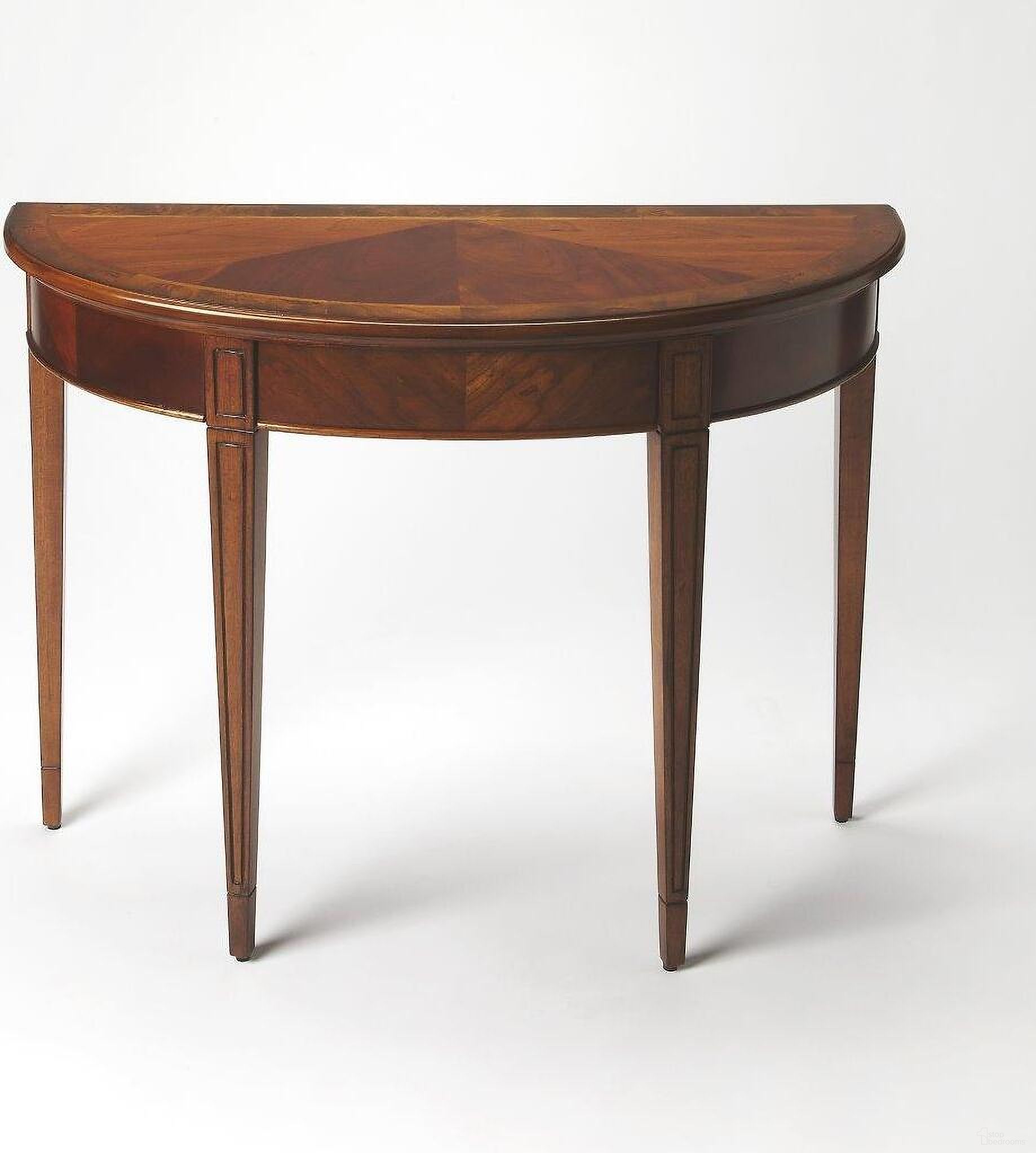The appearance of Butler Hampton Olive Ash Burl Demilune Console Table designed by Butler Specialty Company in the transitional interior design. This brown piece of furniture was selected by 1StopBedrooms from Masterpiece Collection to add a touch of cosiness and style into your home. Sku: 1533101. Material: Rubberwood.