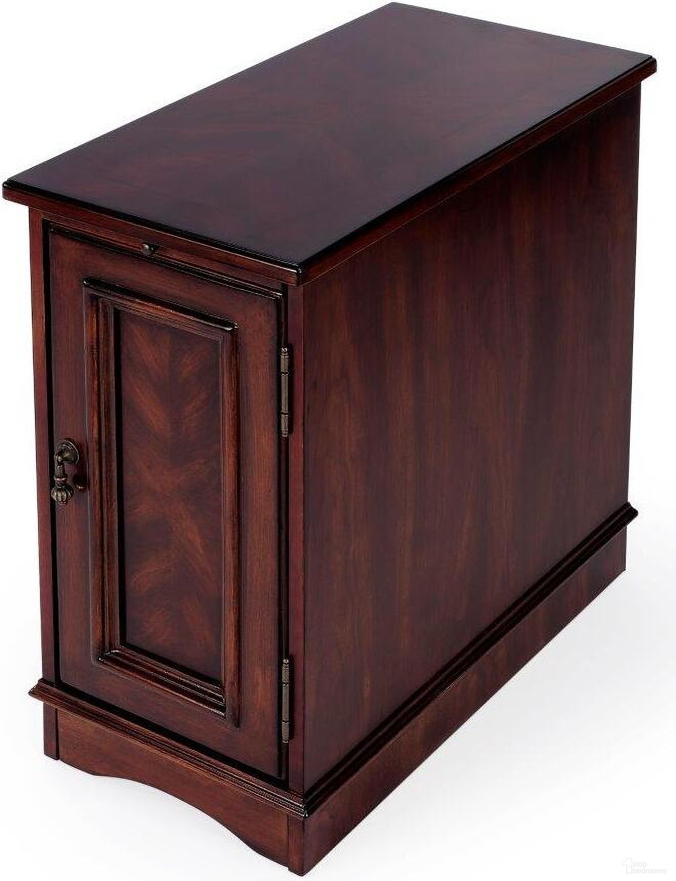 The appearance of Butler Harling Plantation Cherry Chairside Chest designed by Butler Specialty Company in the transitional interior design. This dark brown piece of furniture was selected by 1StopBedrooms from Plantation Collection to add a touch of cosiness and style into your home. Sku: 1476024. Material: MDF.