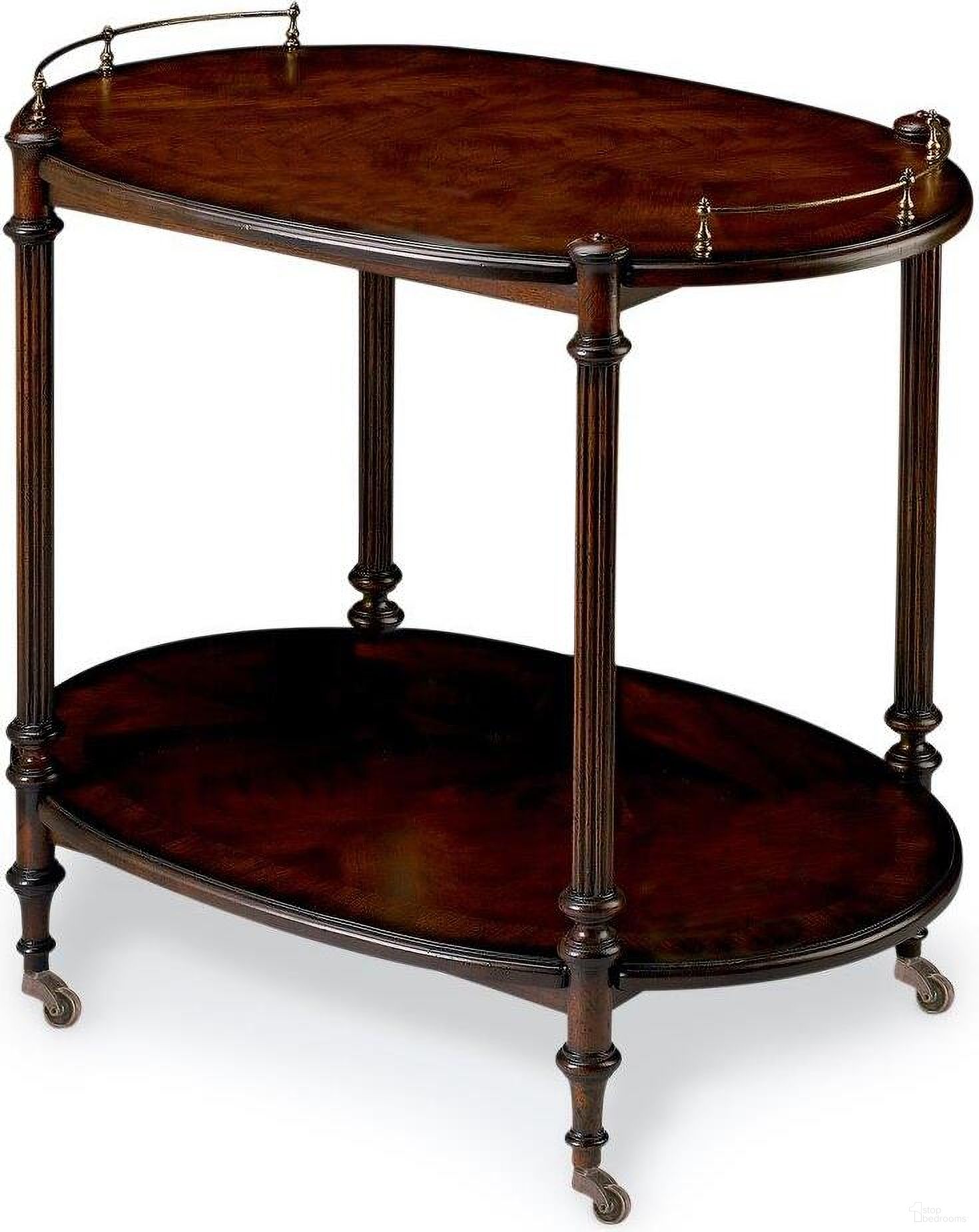 The appearance of Butler Kathleen Cherry Tea Server designed by Butler Specialty Company in the traditional interior design. This dark brown piece of furniture was selected by 1StopBedrooms from Plantation Collection to add a touch of cosiness and style into your home. Sku: 1690024. Material: MDF.