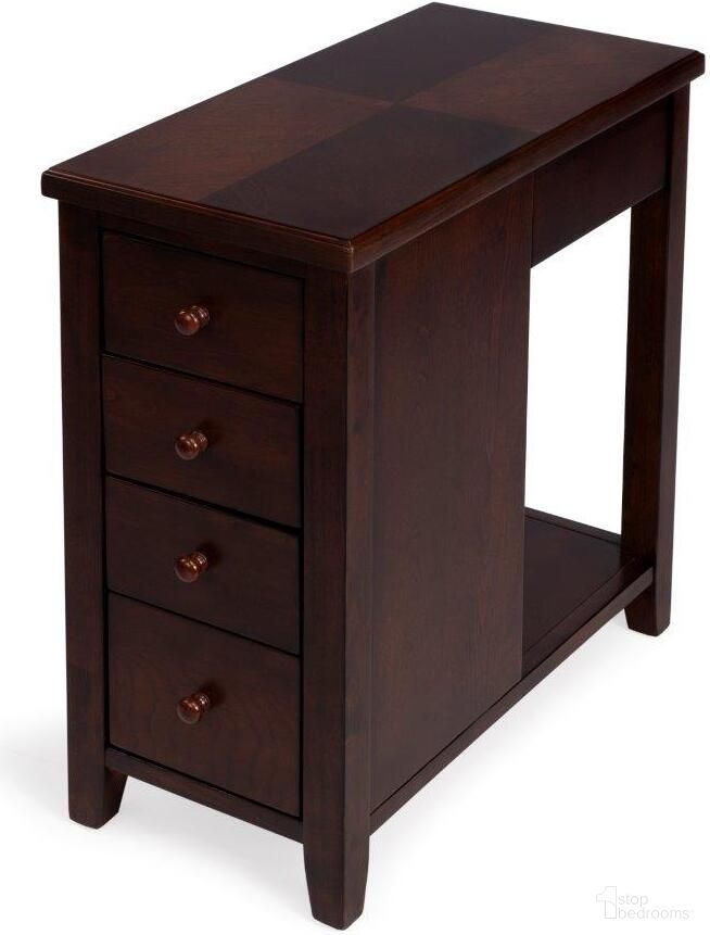 The appearance of Butler Kelton Plantation Cherry 4-Drawer Chairside Chest designed by Butler Specialty Company in the transitional interior design. This dark brown piece of furniture  was selected by 1StopBedrooms from Plantation Collection to add a touch of cosiness and style into your home. Sku: 9250024. Material: Rubberwood.