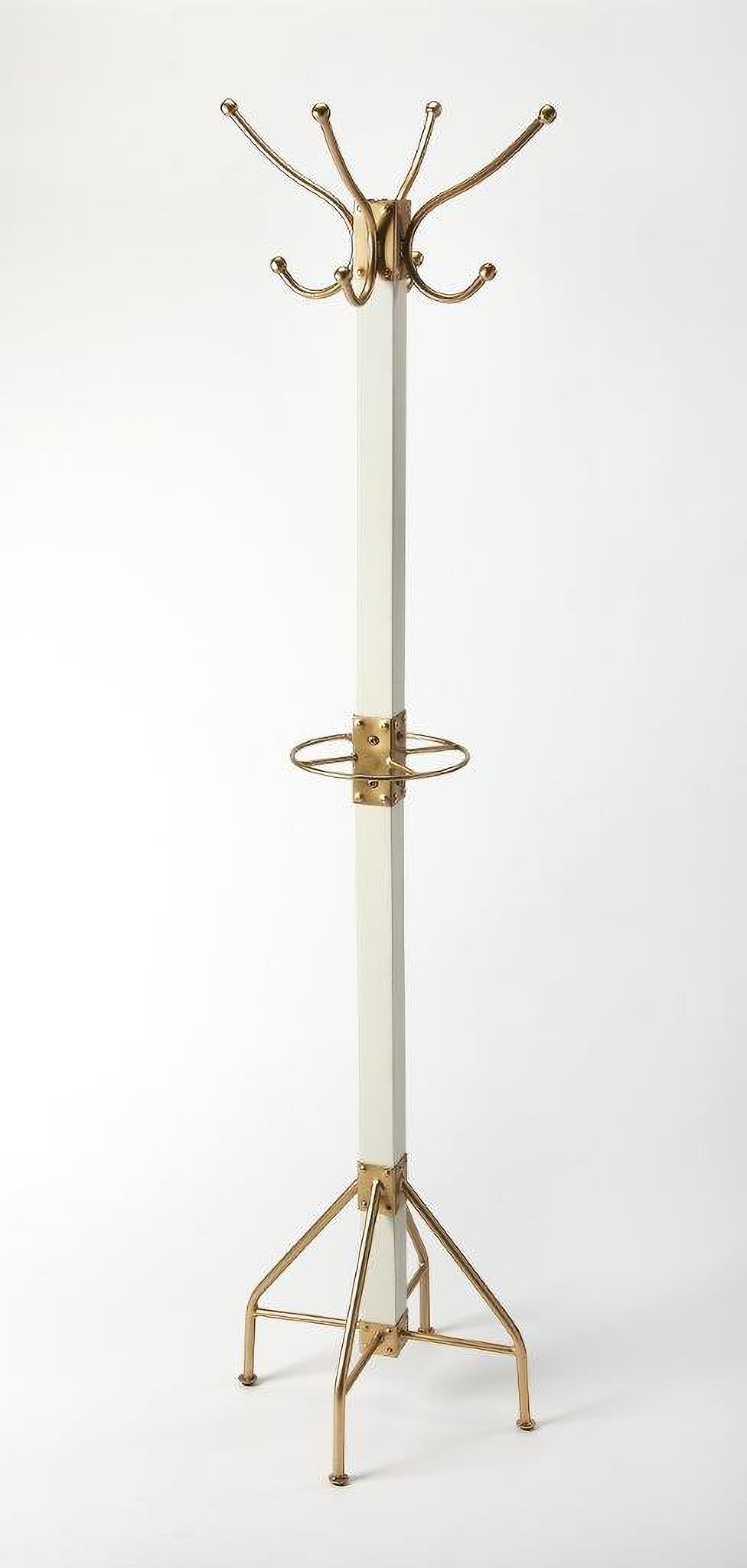 The appearance of Butler Logan Square White and Gold Coat Rack/Tree designed by Butler Specialty Company in the transitional interior design. This white and gold piece of furniture was selected by 1StopBedrooms from Loft Collection to add a touch of cosiness and style into your home. Sku: 2059126. Material: Iron.