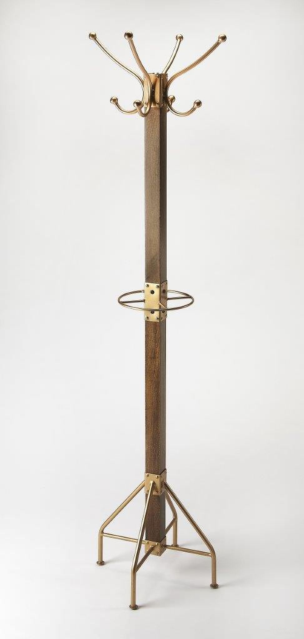 The appearance of Butler Logan Square Wood and Antique Gold Coat Rack/Tree designed by Butler Specialty Company in the transitional interior design. This brown and gold piece of furniture  was selected by 1StopBedrooms from Industrial Chic Collection to add a touch of cosiness and style into your home. Sku: 2059226. Material: Iron.