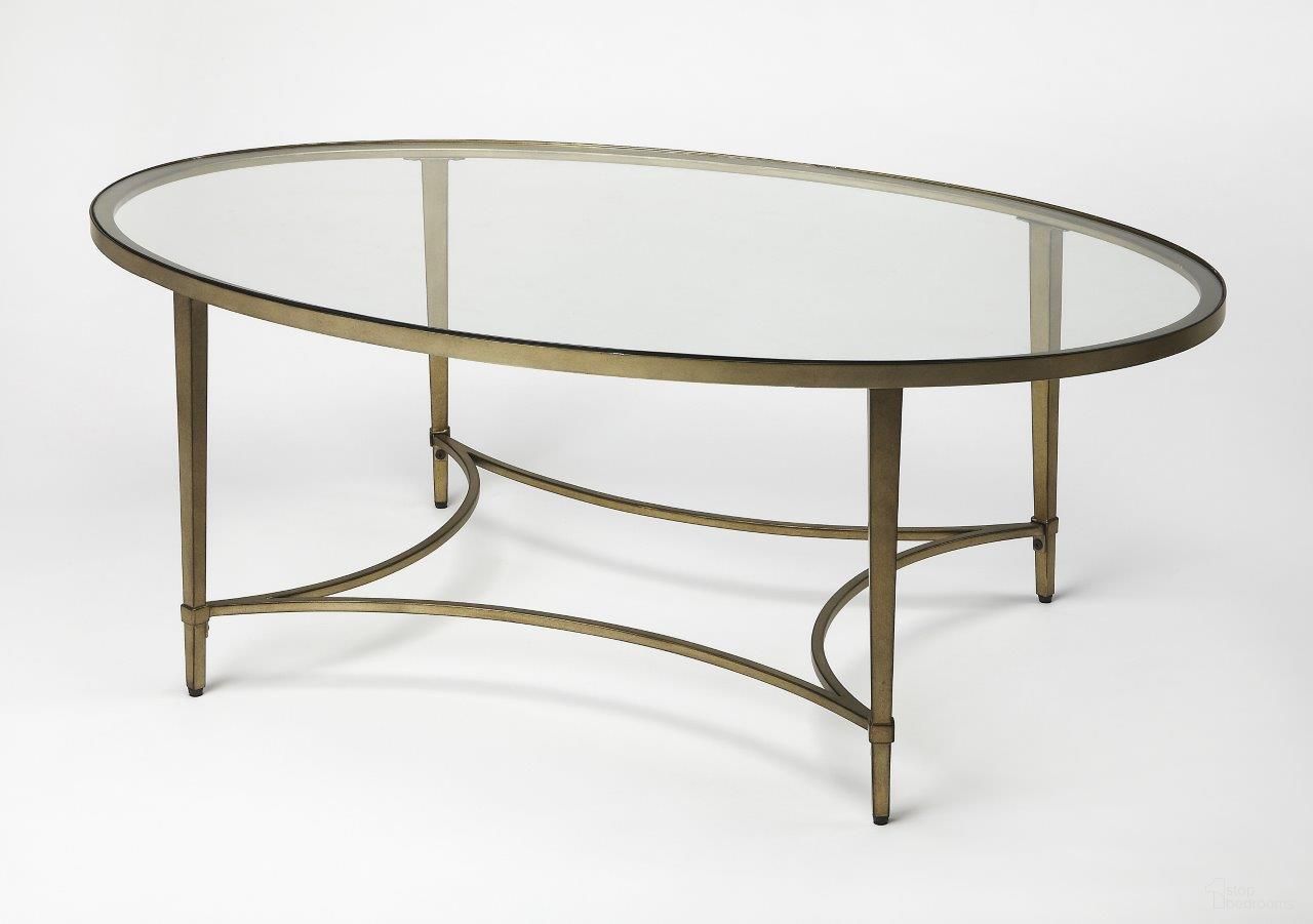 The appearance of Butler Monica Gold Oval Coffee Table designed by Butler Specialty Company in the modern / contemporary interior design. This gold piece of furniture was selected by 1StopBedrooms from Loft Collection to add a touch of cosiness and style into your home. Sku: 3802355. Material: Metal.