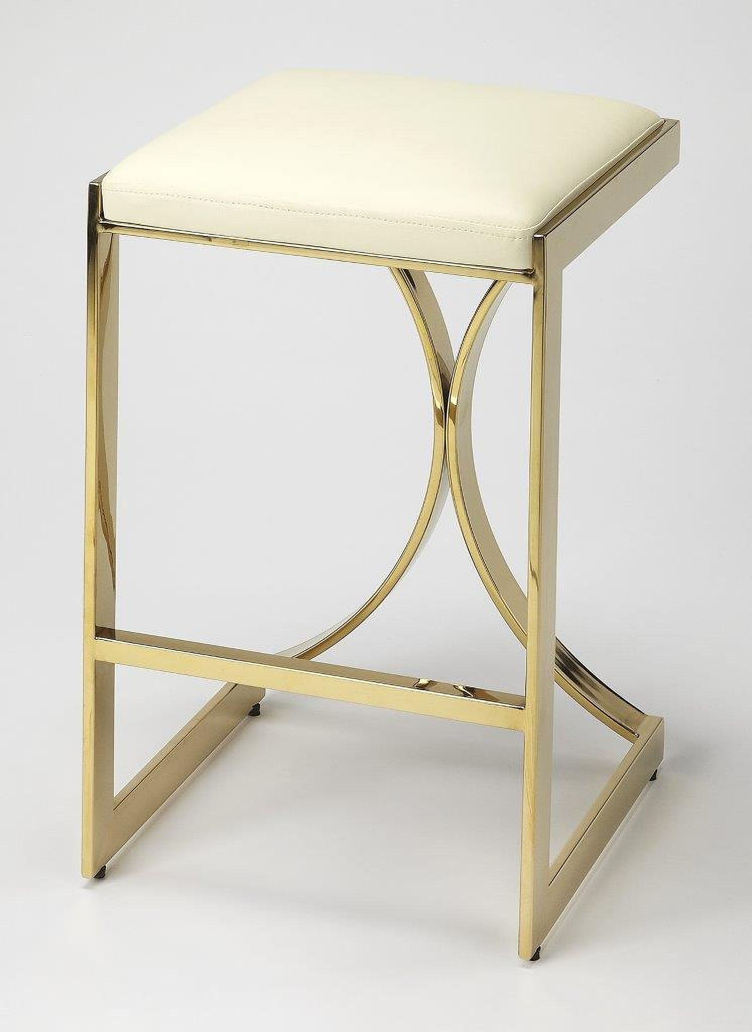 The appearance of Natalya 25.5 Inch Square Upholstered and Metal Backless Counter Stool with Footrest In Gold designed by Butler Specialty Company in the modern / contemporary interior design. This gold piece of furniture was selected by 1StopBedrooms from Loft Collection to add a touch of cosiness and style into your home. Sku: 4463402. Material: Iron.