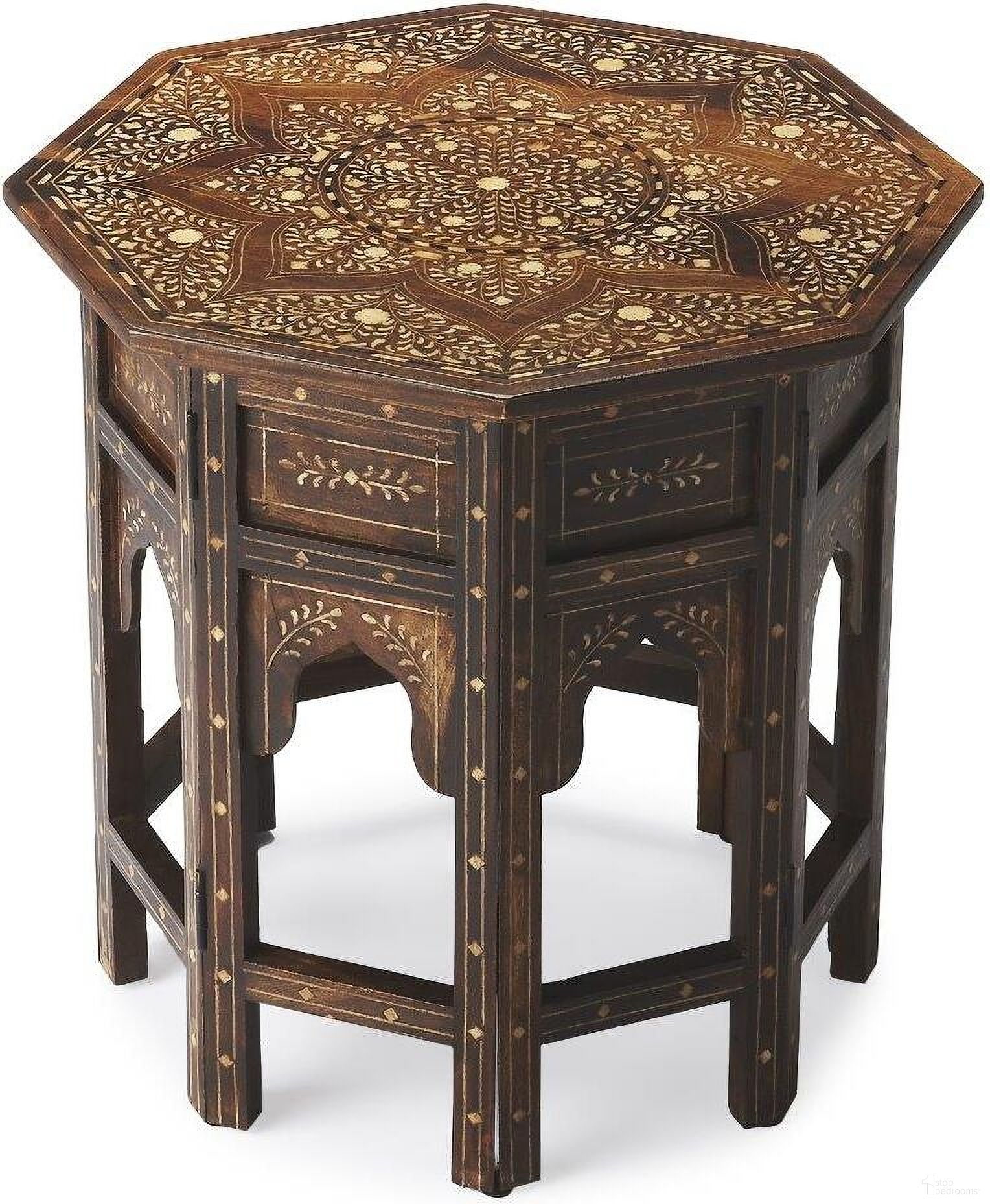 The appearance of Butler Rashmi Wood and Bone Inlay Accent Table designed by Butler Specialty Company in the traditional interior design. This medium brown piece of furniture  was selected by 1StopBedrooms from Bone Inlay Collection to add a touch of cosiness and style into your home. Sku: 3596338. Material: Wood.