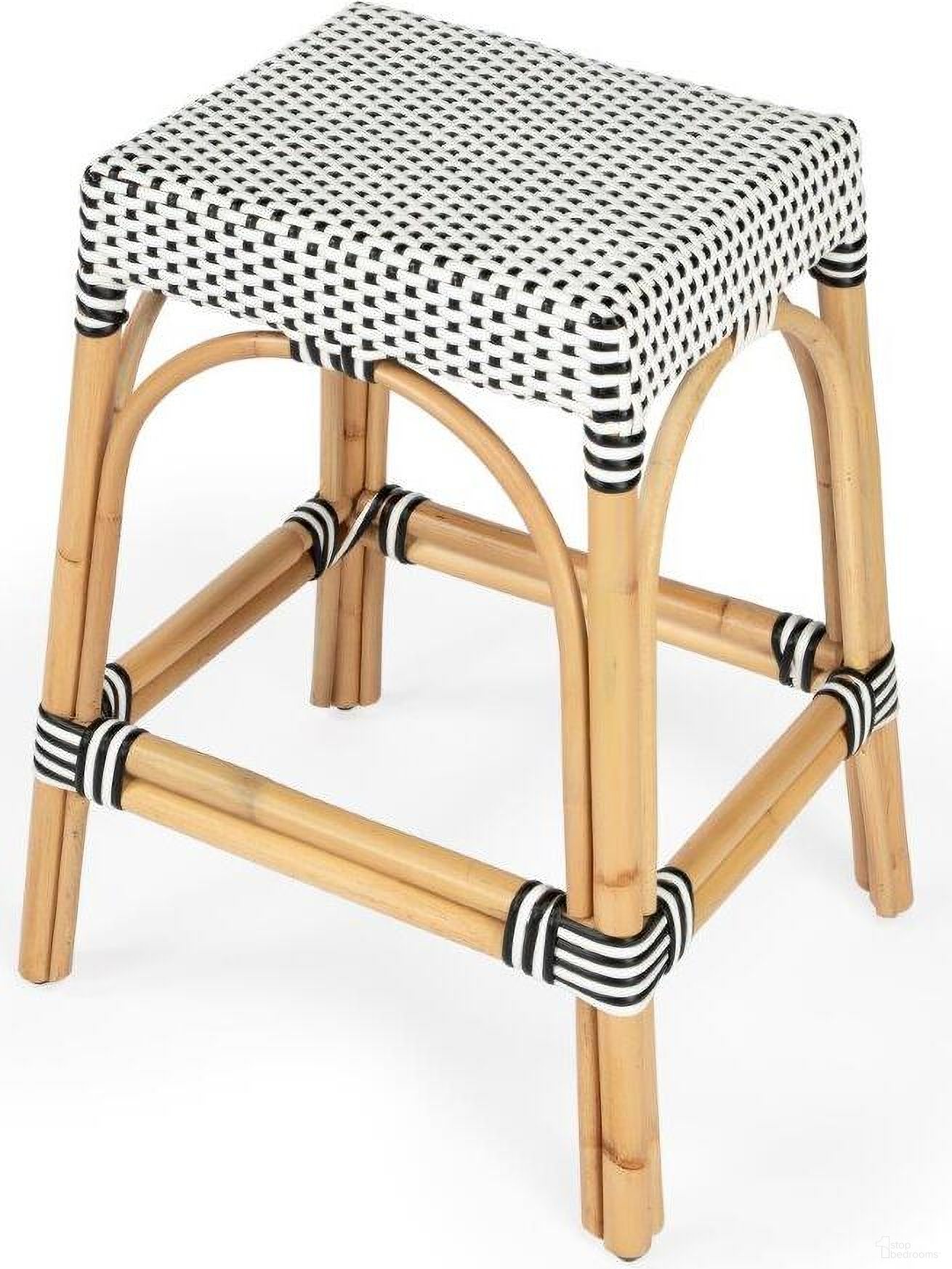The appearance of Butler Robias Black and White Rattan Counter Stool designed by Butler Specialty Company in the transitional interior design. This white and black piece of furniture was selected by 1StopBedrooms from Designer's Edge Collection to add a touch of cosiness and style into your home. Sku: 5513295. Material: Rattan.