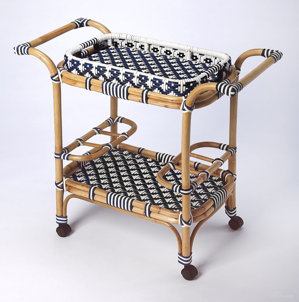 The appearance of Selena and Rattan Bar Cart In Blue designed by Butler Specialty Company in the coastal interior design. This blue piece of furniture was selected by 1StopBedrooms from Designer's Edge Collection to add a touch of cosiness and style into your home. Sku: 5397291. Material: Rattan.