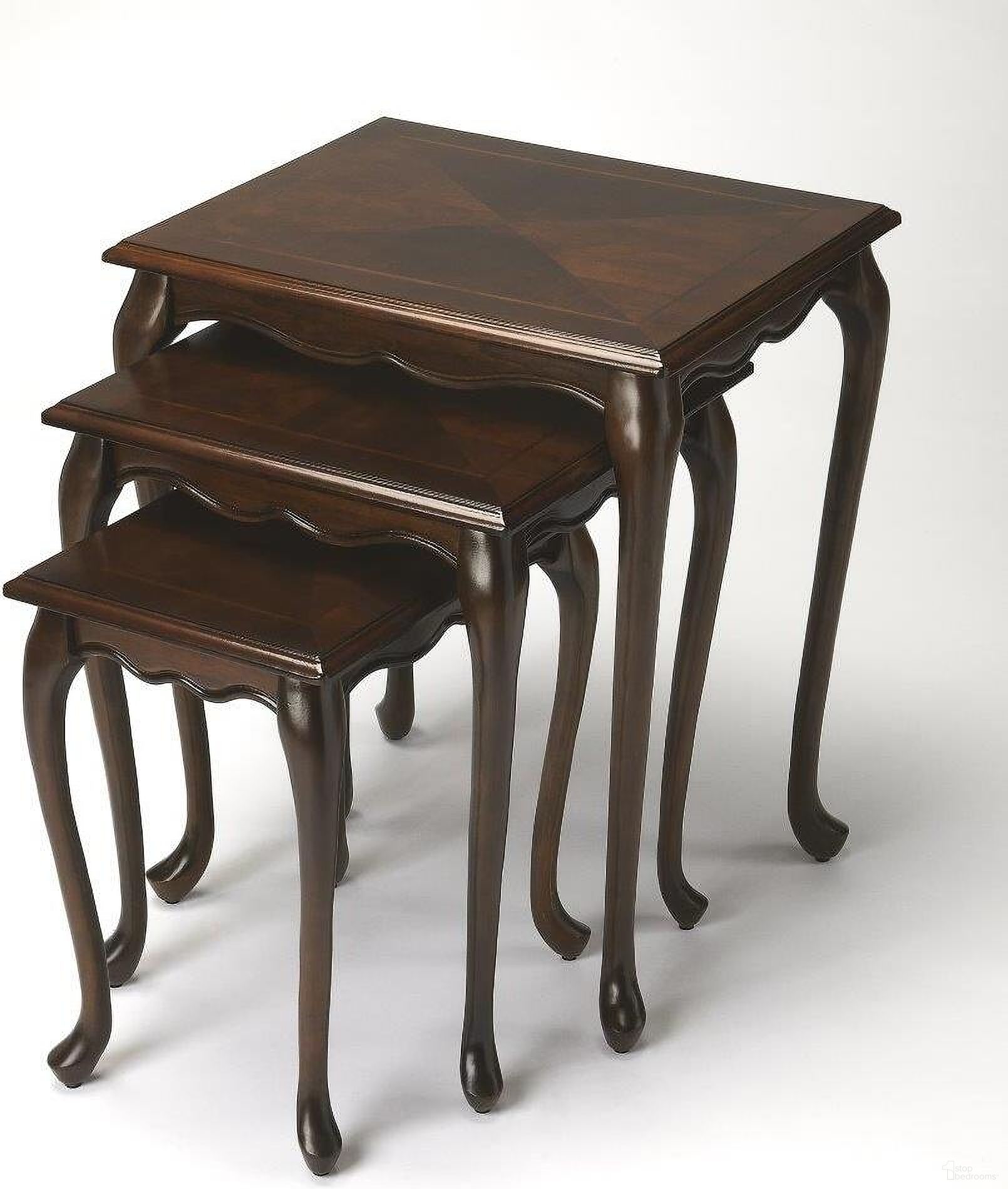 The appearance of Butler Thatcher Plantation Cherry Nest Of Tables designed by Butler Specialty Company in the traditional interior design. This dark brown piece of furniture was selected by 1StopBedrooms from Plantation Collection to add a touch of cosiness and style into your home. Sku: 2306024. Material: Rubberwood.