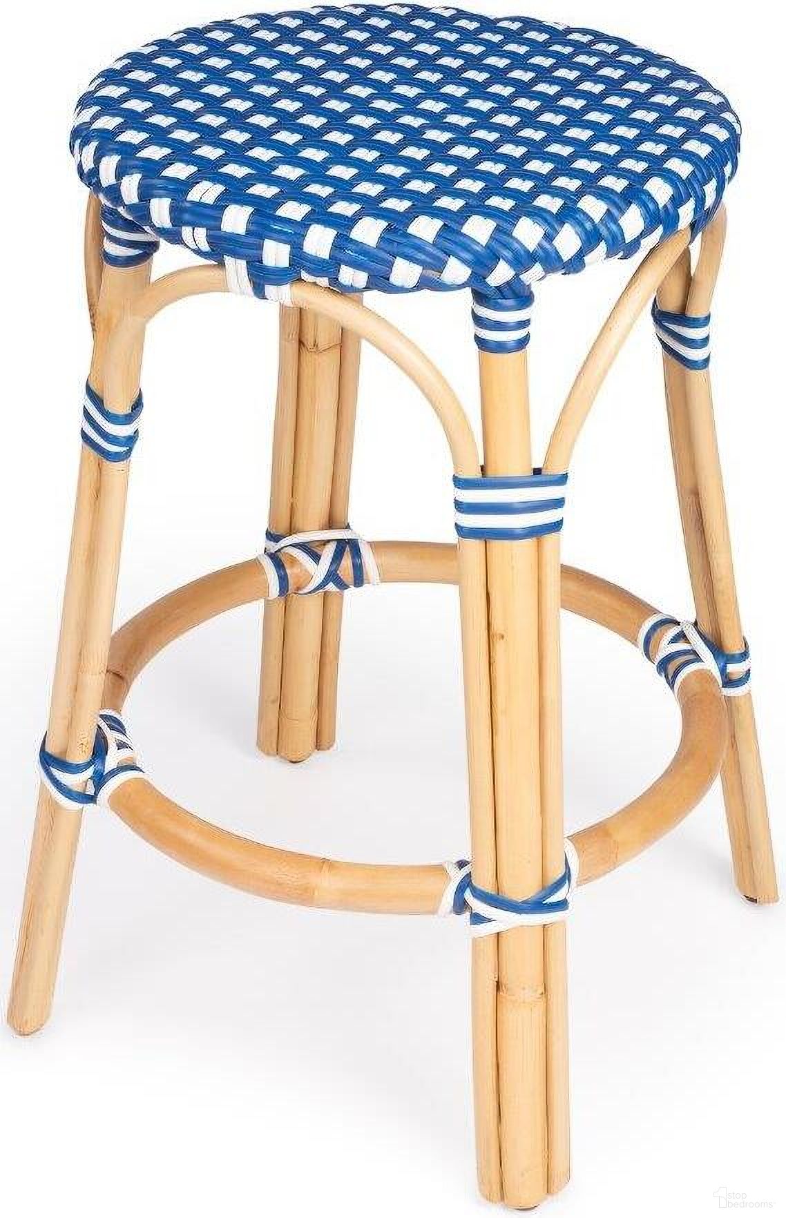 The appearance of Butler Tobias Blue and White Rattan Counter Stool 9371303 designed by Butler Specialty Company in the transitional interior design. This blue piece of furniture was selected by 1StopBedrooms from Designer's Edge Collection to add a touch of cosiness and style into your home. Sku: 9371303. Material: Rattan.