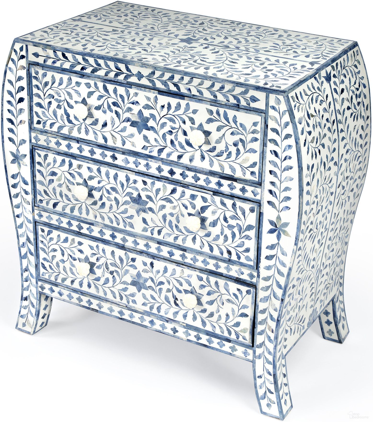 The appearance of Trubadur and Bone Inlay 3 Drawer Chest In White and Blue designed by Butler Specialty Company in the modern / contemporary interior design. This white and blue piece of furniture  was selected by 1StopBedrooms from Bone Inlay Collection to add a touch of cosiness and style into your home. Sku: 5531417. Material: Bone Inlay.