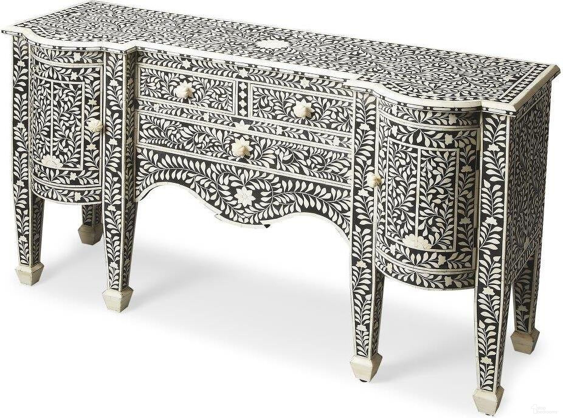 The appearance of Butler Victoria Black Bone Inlay Buffet designed by Butler Specialty Company in the traditional interior design. This black piece of furniture  was selected by 1StopBedrooms from Bone Inlay Collection to add a touch of cosiness and style into your home. Sku: 1843070. Material: Wood.