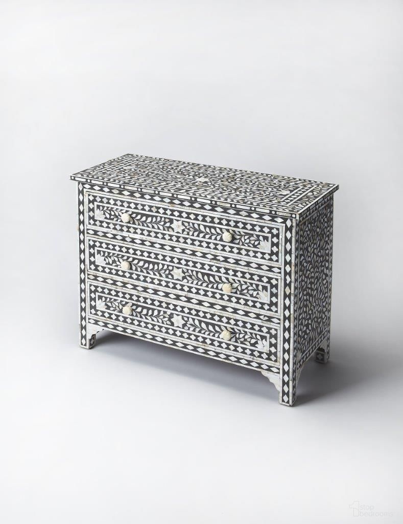 The appearance of Butler Victoria Mother Of Pearl Drawer Chest designed by Butler Specialty Company in the traditional interior design. This black piece of furniture  was selected by 1StopBedrooms from Bone Inlay Collection to add a touch of cosiness and style into your home. Sku: 3559318. Material: Wood.