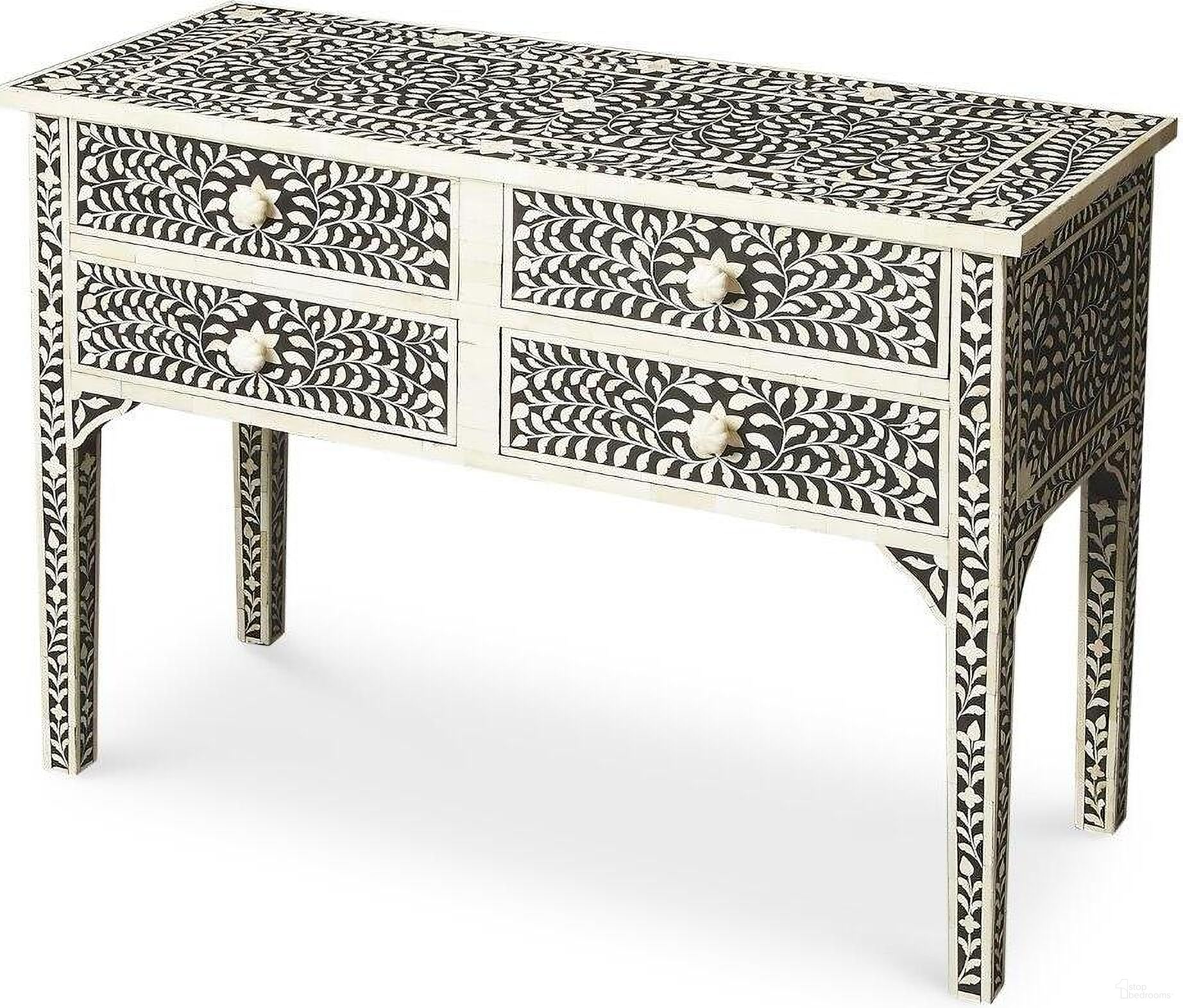 The appearance of Butler Vivienne Black Bone Inlay Console Table designed by Butler Specialty Company in the traditional interior design. This black piece of furniture  was selected by 1StopBedrooms from Bone Inlay Collection to add a touch of cosiness and style into your home. Sku: 1860070. Material: Wood.