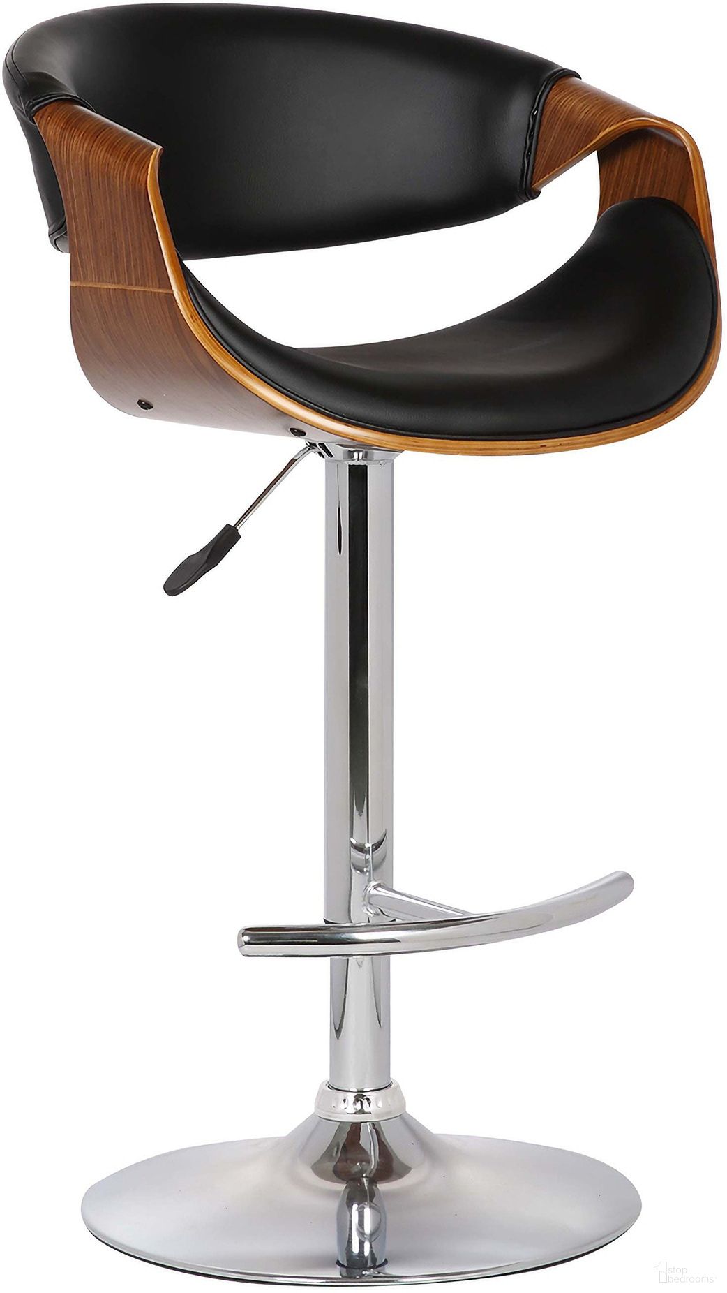 The appearance of Butterfly Adjustable Height Swivel Black Faux Leather and Walnut Wood Bar Stool with Chrome Base designed by Armen Living in the transitional interior design. This black piece of furniture  was selected by 1StopBedrooms from Butterfly Collection to add a touch of cosiness and style into your home. Sku: LCBUBAWABL. Material: Wood.