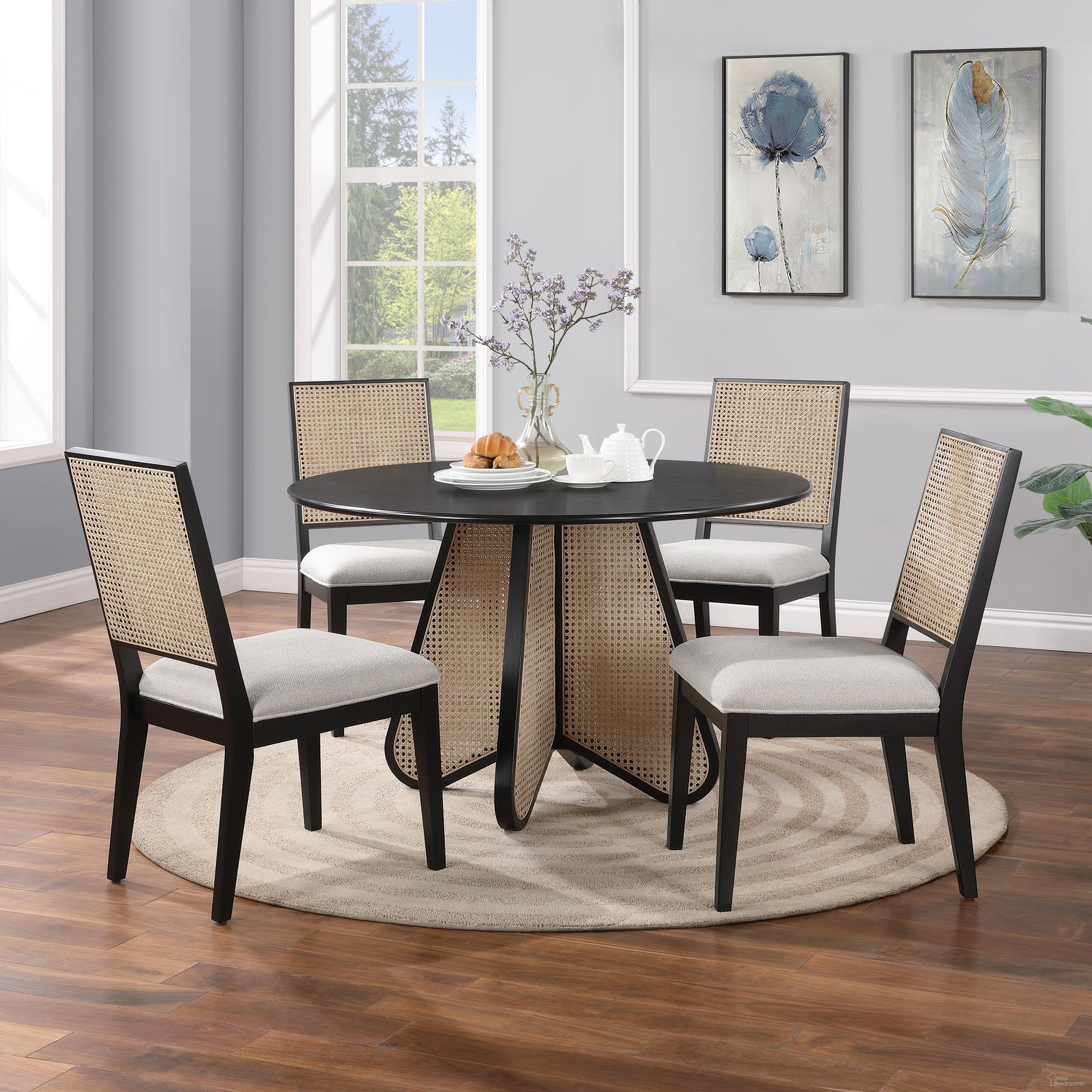 The appearance of Butterfly Dining Room Set In Black designed by Meridian in the transitional interior design. This black piece of furniture  was selected by 1StopBedrooms from Butterfly Collection to add a touch of cosiness and style into your home. Sku: 705Black-T;705Black-C;705Black-C. Table Base Style: Pedestal. Table Top Shape: Round. Material: Rubberwood. Size: 48".