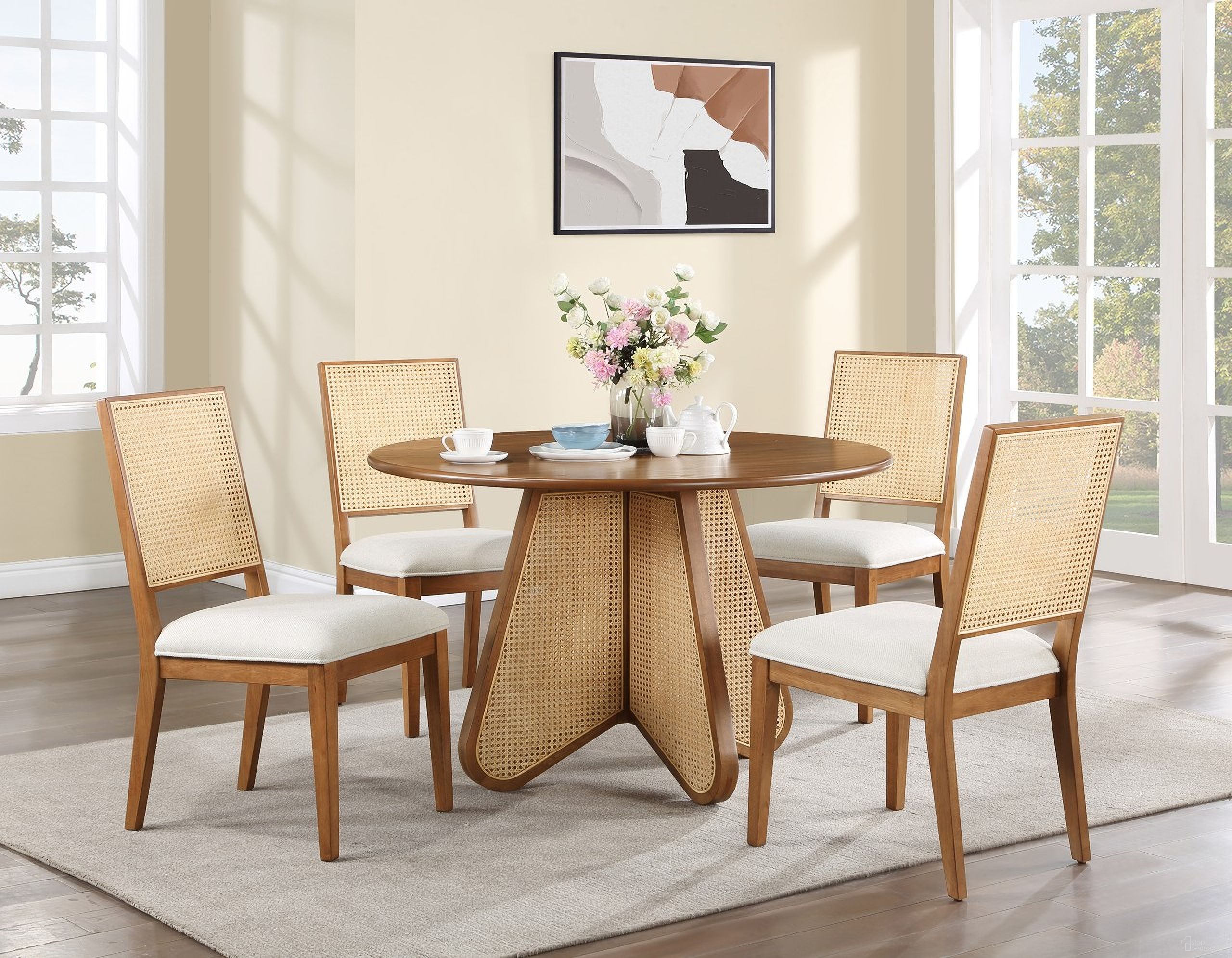 The appearance of Butterfly Dining Room Set In Brown designed by Meridian in the transitional interior design. This brown piece of furniture was selected by 1StopBedrooms from Butterfly Collection to add a touch of cosiness and style into your home. Sku: 705Walnut-T;705Walnut-C;705Walnut-C. Table Base Style: Pedestal. Table Top Shape: Round. Material: Rubberwood. Size: 48".
