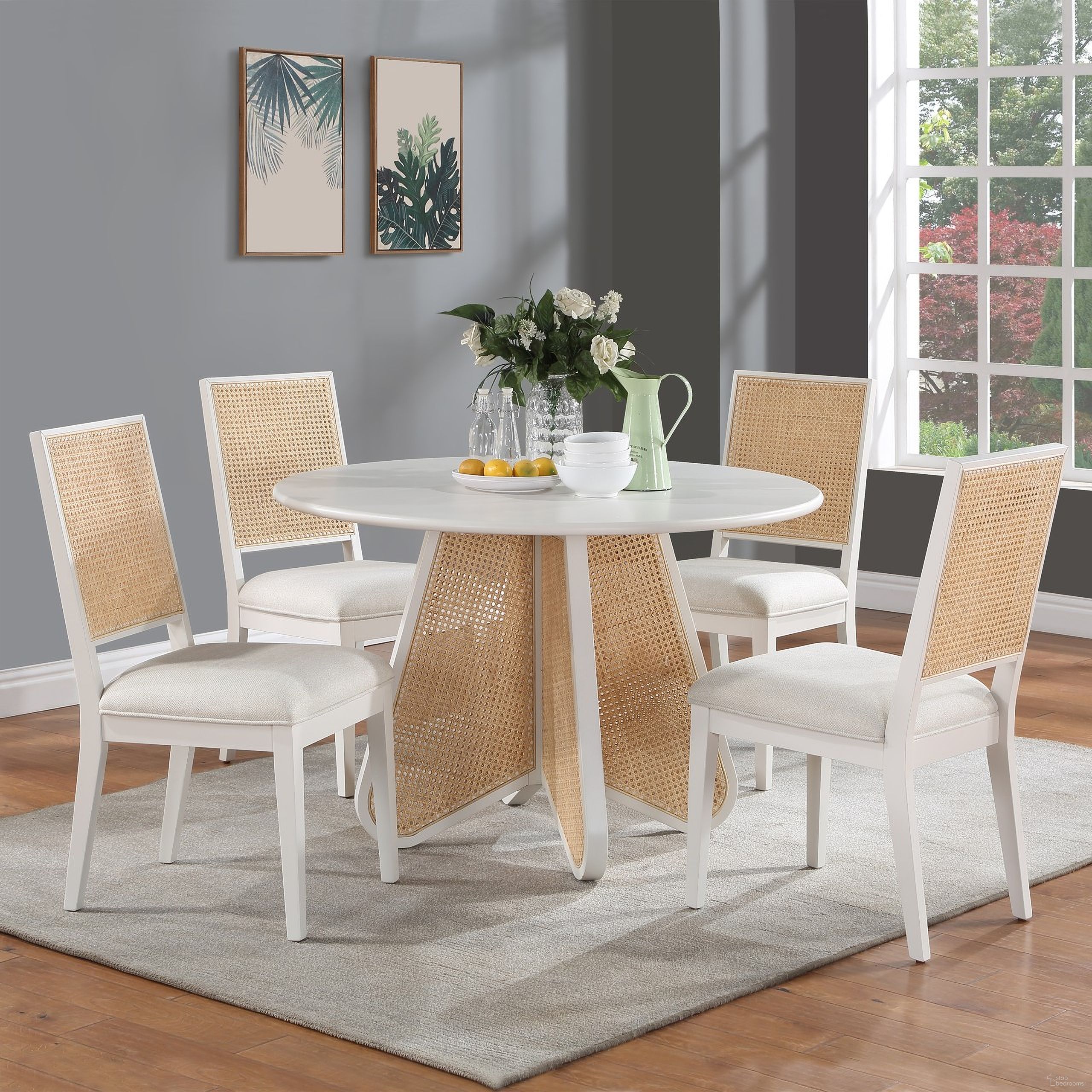 The appearance of Butterfly Dining Room Set In White designed by Meridian in the transitional interior design. This white piece of furniture  was selected by 1StopBedrooms from Butterfly Collection to add a touch of cosiness and style into your home. Sku: 705White-T;705White-C;705White-C. Table Base Style: Pedestal. Table Top Shape: Round. Material: Rubberwood. Size: 48".