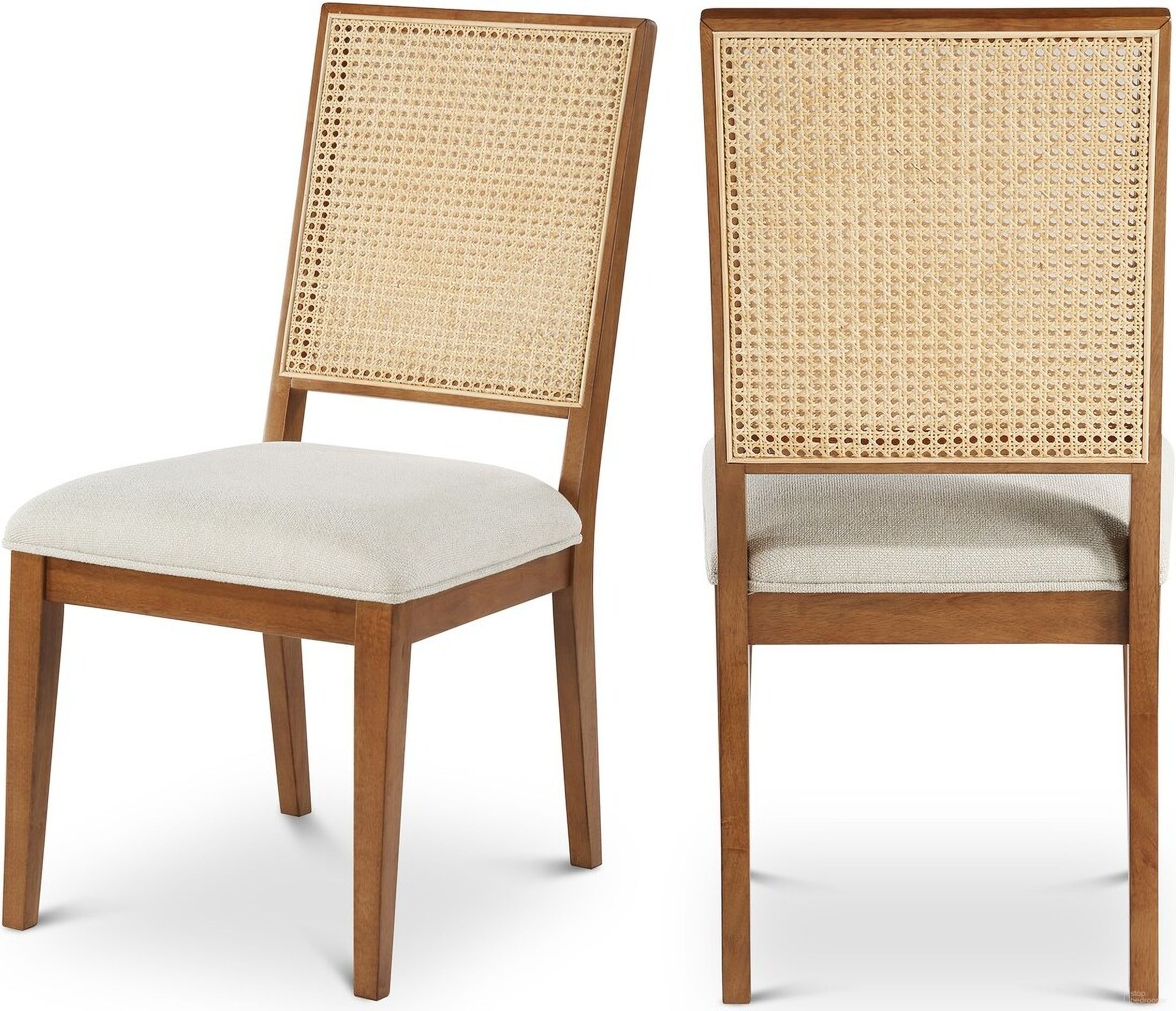 The appearance of Butterfly Linen Textured Fabric Dining Chair Set of 2 In Cream designed by Meridian in the transitional interior design. This cream piece of furniture  was selected by 1StopBedrooms from Butterfly Collection to add a touch of cosiness and style into your home. Sku: 705Walnut-C. Material: Rubberwood. Chair Type: Side Chair.