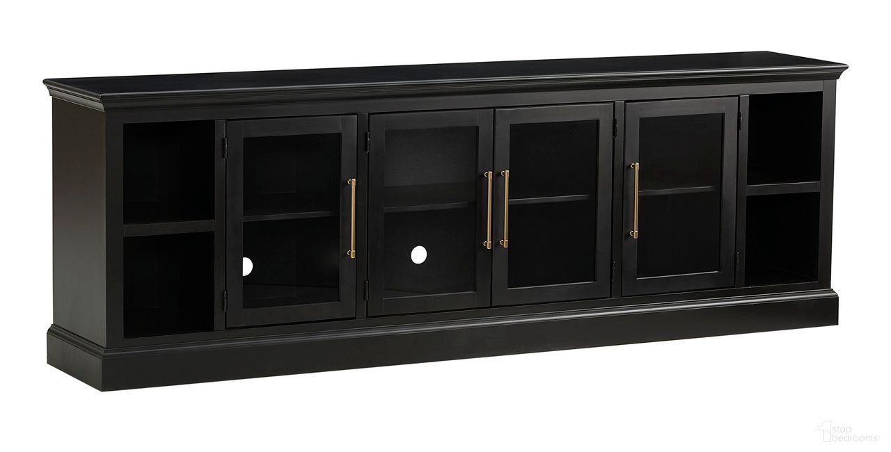 The appearance of Byron 98 Inch Console with 4 Doors In Black designed by Aspenhome in the traditional interior design. This black piece of furniture  was selected by 1StopBedrooms from Byron Collection to add a touch of cosiness and style into your home. Sku: MBB1270-BLK. Material: Wood.