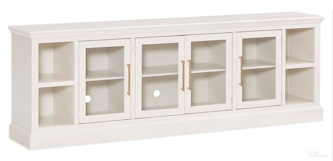 The appearance of Byron 98 Inch Console with 4 Doors In White designed by Aspenhome in the traditional interior design. This white piece of furniture  was selected by 1StopBedrooms from Byron Collection to add a touch of cosiness and style into your home. Sku: MBB1270-WHI. Material: Wood.