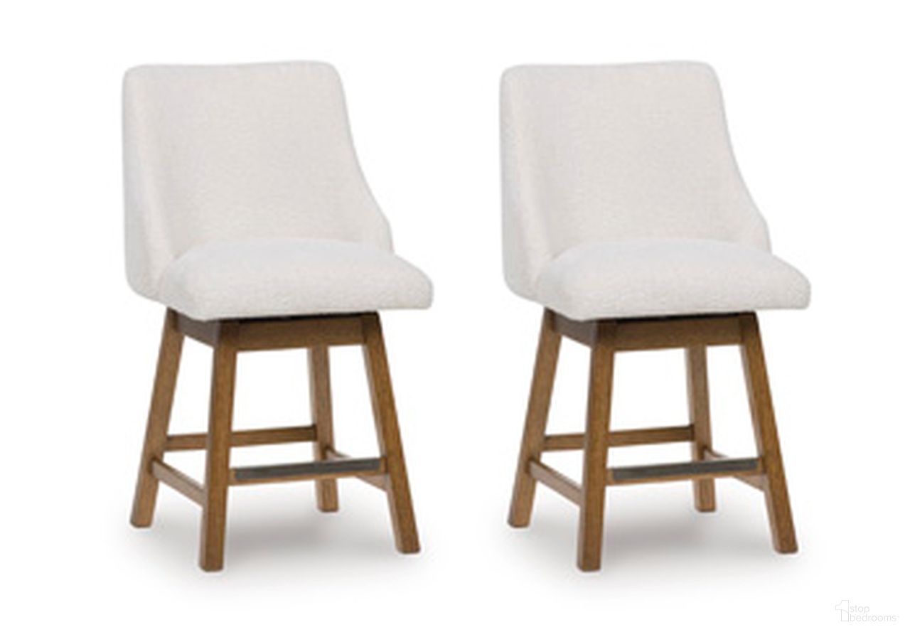 The appearance of Cabalynn 38 Inch Counter Height Barstool Set of 2 In Oatmeal and Light Brown designed by Signature Design by Ashley in the transitional interior design. This oatmeal/light brown piece of furniture  was selected by 1StopBedrooms from Cabalynn Collection to add a touch of cosiness and style into your home. Sku: D974-324. Material: Fabric.