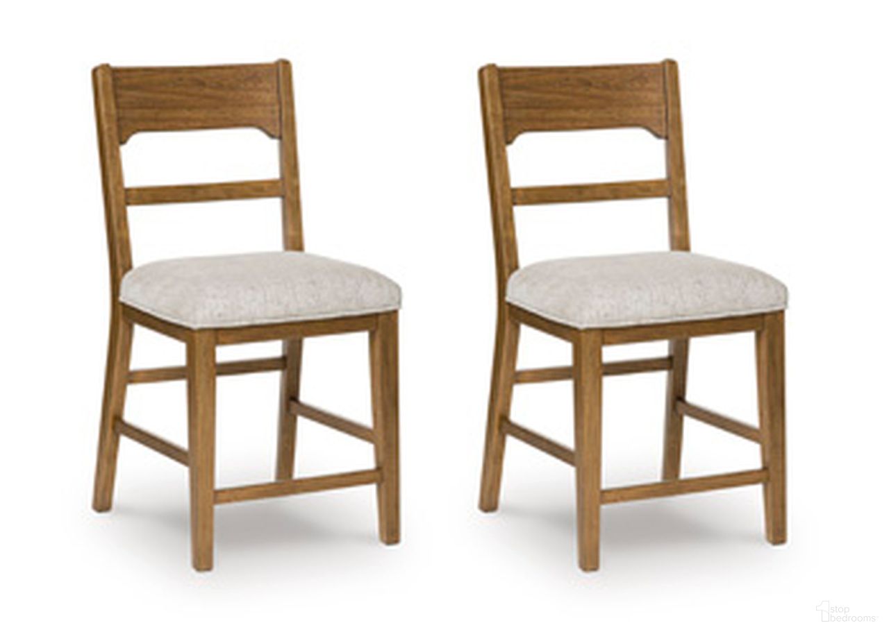 The appearance of Cabalynn 42 Inch Counter Height Barstool Set of 2 In Oatmeal and Light Brown designed by Signature Design by Ashley in the transitional interior design. This oatmeal/light brown piece of furniture was selected by 1StopBedrooms from Cabalynn Collection to add a touch of cosiness and style into your home. Sku: D974-224. Material: Fabric.