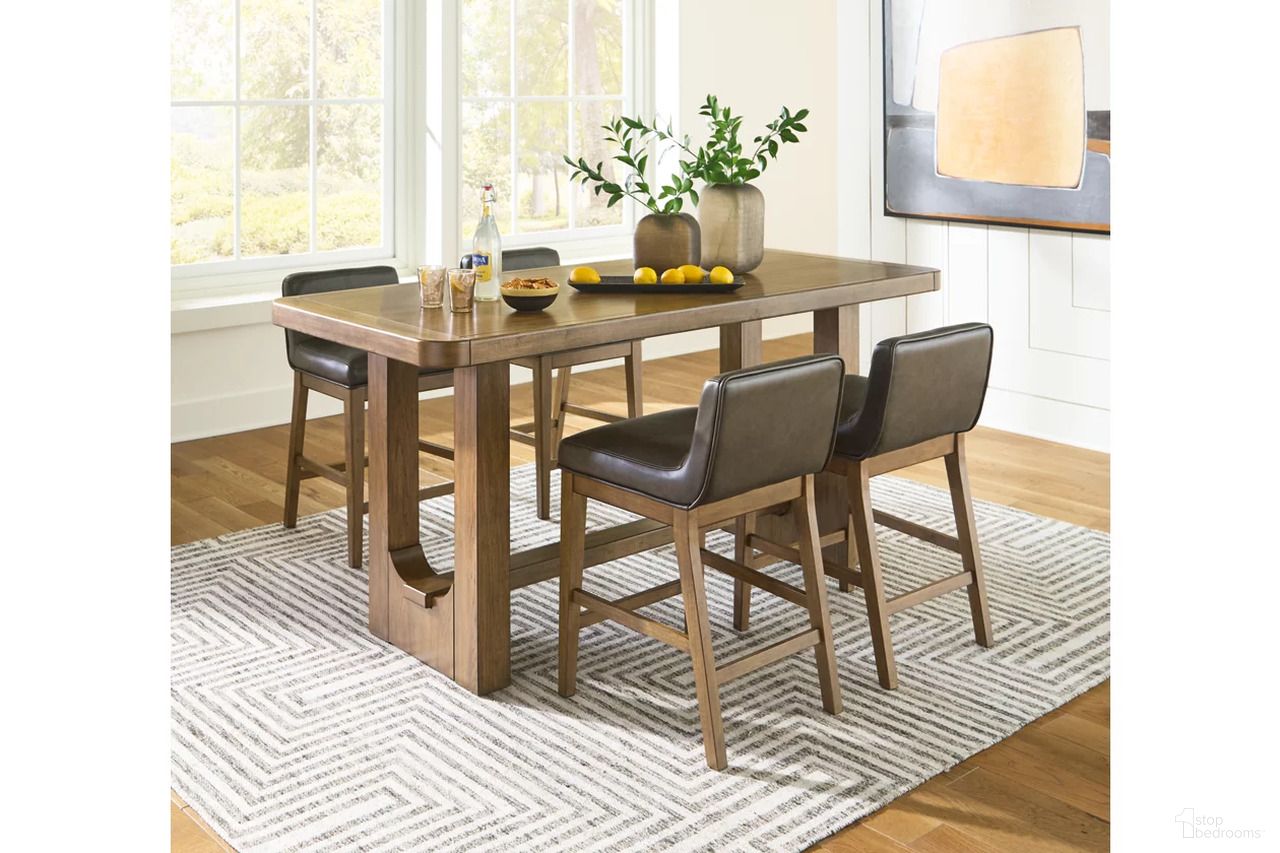 The appearance of Cabalynn Counter Height Dining Room Set In Light Brown designed by Signature Design by Ashley in the transitional interior design. This light brown piece of furniture was selected by 1StopBedrooms from Cabalynn Collection to add a touch of cosiness and style into your home. Sku: D974-13;D974-124;D974-124;D974-124;D974-124. Table Base Style: Trestle. Material: Wood. Table Top Shape: Rectangular. Size: 34" x 76".