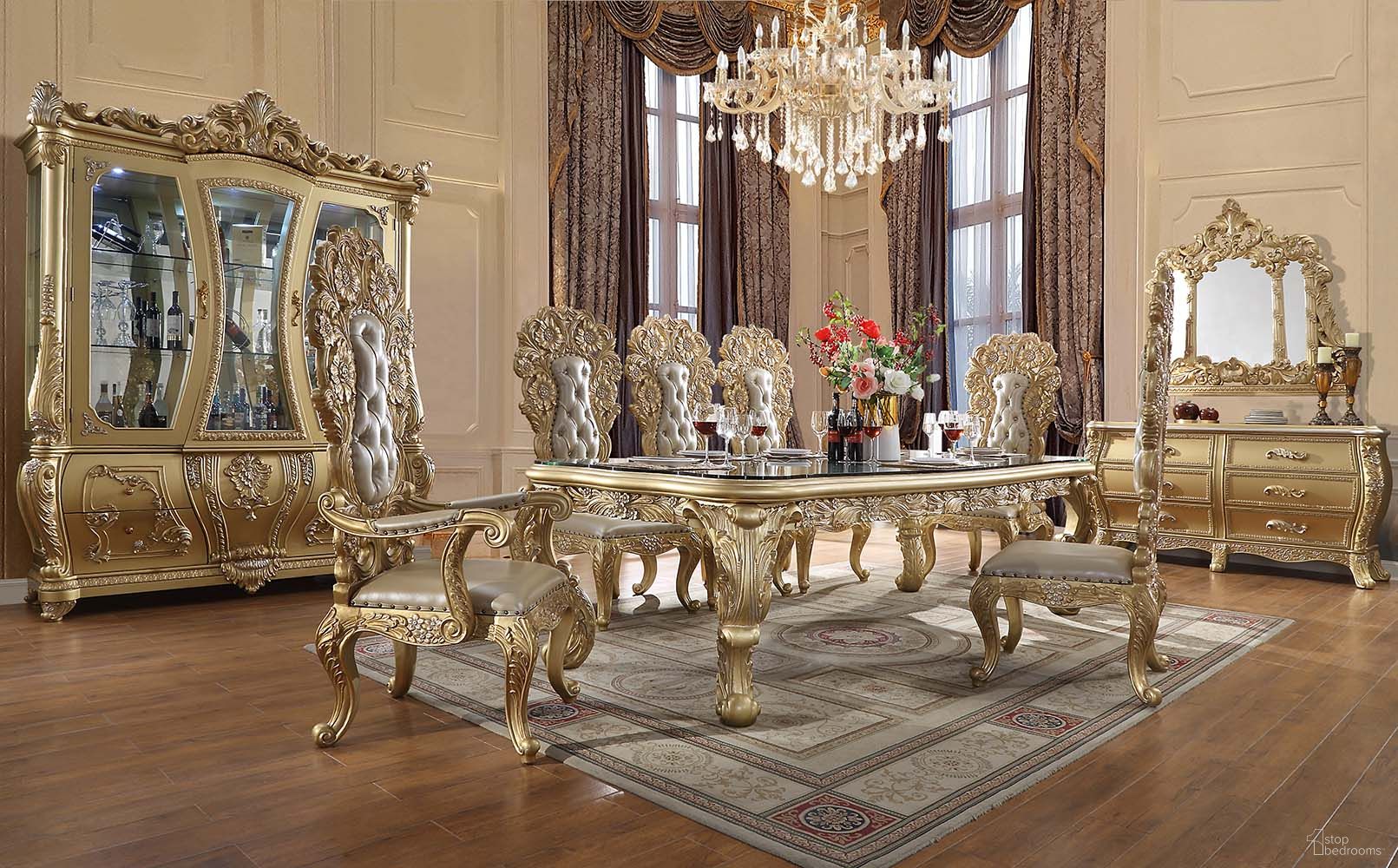 The appearance of Cabriole Rectangle Dining Room Set In Gold designed by ACME in the transitional interior design. This gold piece of furniture was selected by 1StopBedrooms from Cabriole Collection to add a touch of cosiness and style into your home. Sku: DN01482-1;DN01482-2;DN01482-3;DN01482-4;DN01483. Table Base Style: Legs. Material: Wood. Table Top Shape: Rectangular. Size: 48" x 108".