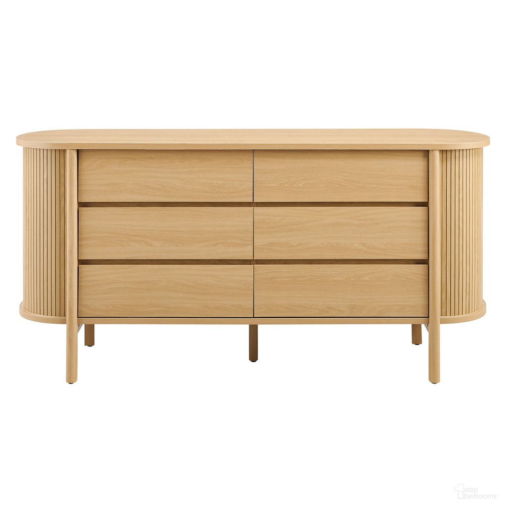 The appearance of Cadence 6-Drawer Curved Dresser In Oak designed by Modway in the modern / contemporary interior design. This oak piece of furniture was selected by 1StopBedrooms from Cadence Collection to add a touch of cosiness and style into your home. Sku: MOD-7242-OAK-1;MOD-7242-OAK-2. Material: Metal.