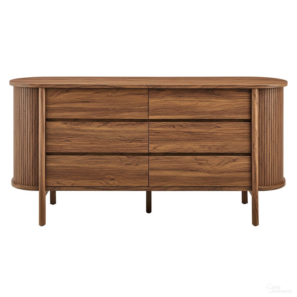 The appearance of Cadence 6-Drawer Curved Dresser In Walnut designed by Modway in the modern / contemporary interior design. This walnut piece of furniture was selected by 1StopBedrooms from Cadence Collection to add a touch of cosiness and style into your home. Sku: MOD-7242-WAL-1;MOD-7242-WAL-2. Material: Metal.