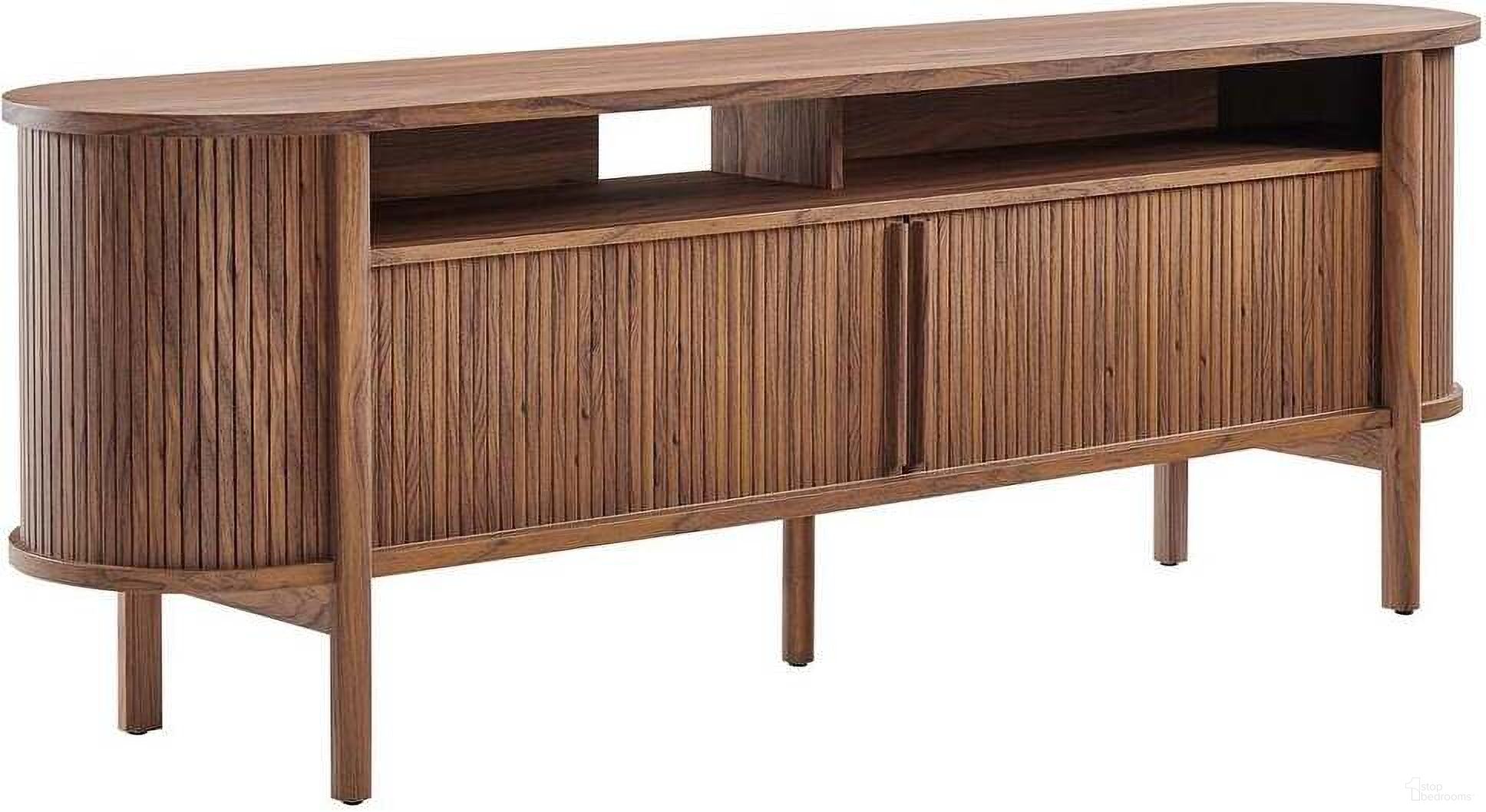 The appearance of Cadence 71 Inch Curved TV Stand In Walnut designed by Modway in the transitional interior design. This walnut piece of furniture was selected by 1StopBedrooms from Cadence Collection to add a touch of cosiness and style into your home. Sku: EEI-6310-WAL. Material: Engineered Wood.