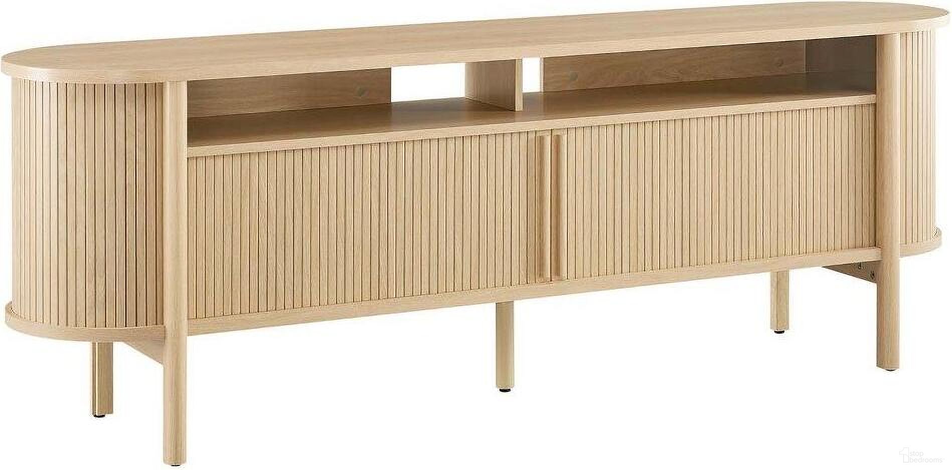 The appearance of Cadence 71 Inch TV Stand In Oak designed by Modway in the modern / contemporary interior design. This oak piece of furniture  was selected by 1StopBedrooms from Cadence Collection to add a touch of cosiness and style into your home. Sku: EEI-6310-OAK. Material: MDF.