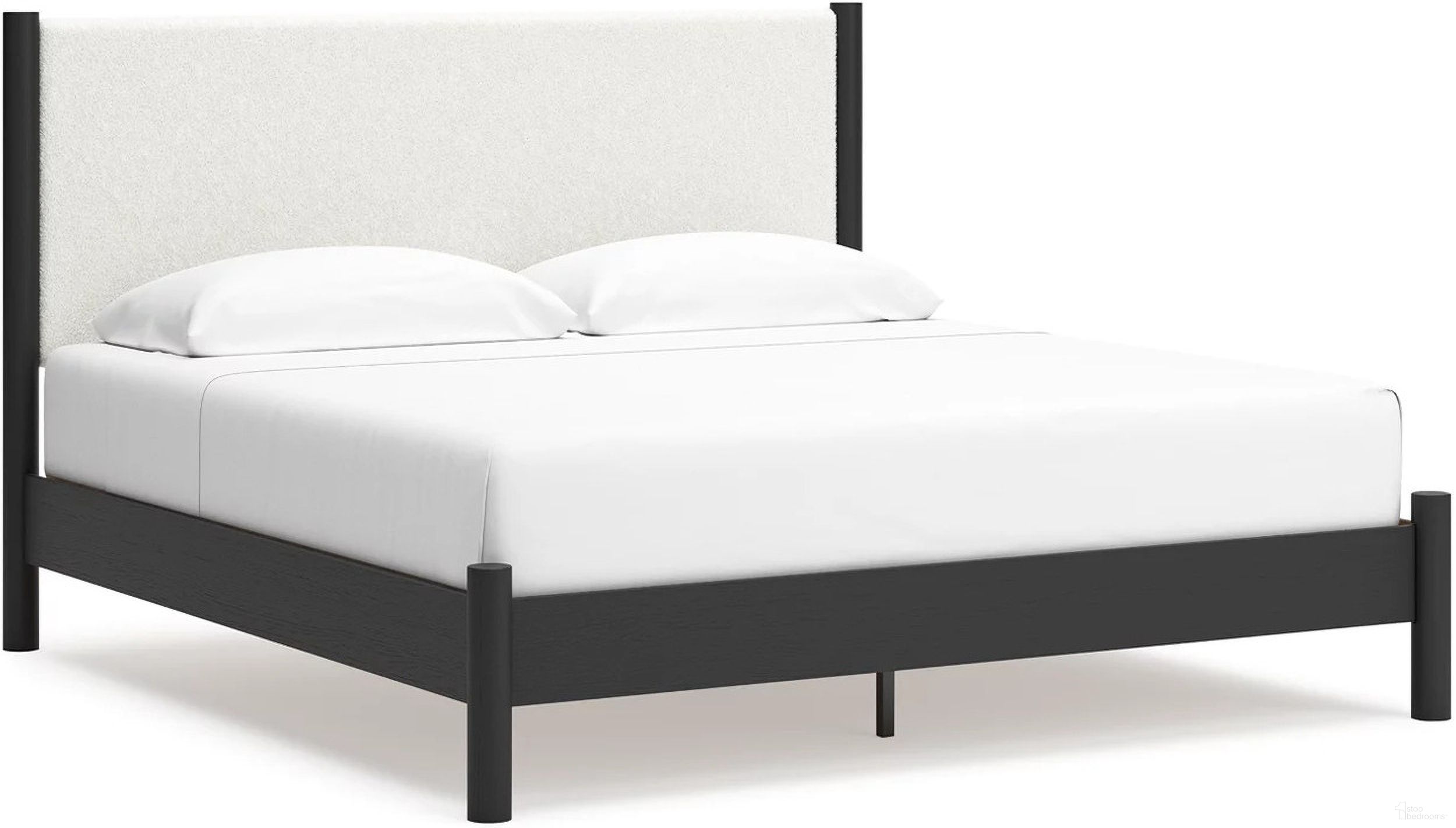 The appearance of Cadmori King Upholstered Panel Bed In Black and White designed by Signature Design by Ashley in the transitional interior design. This black/white piece of furniture  was selected by 1StopBedrooms from Cadmori Collection to add a touch of cosiness and style into your home. Sku: B100-14;B2616-56;B2616-58. Bed Type: Panel Bed. Material: Fabric. Bed Size: King.