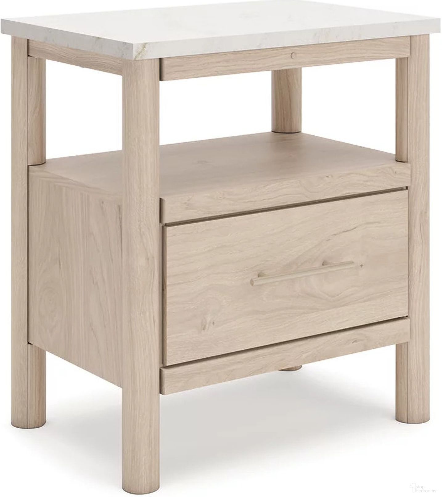 The appearance of Cadmori Nightstand In Two-tone designed by Signature Design by Ashley in the transitional interior design. This two-tone piece of furniture  was selected by 1StopBedrooms from Cadmori Collection to add a touch of cosiness and style into your home. Sku: B2615-91. Material: Marble.