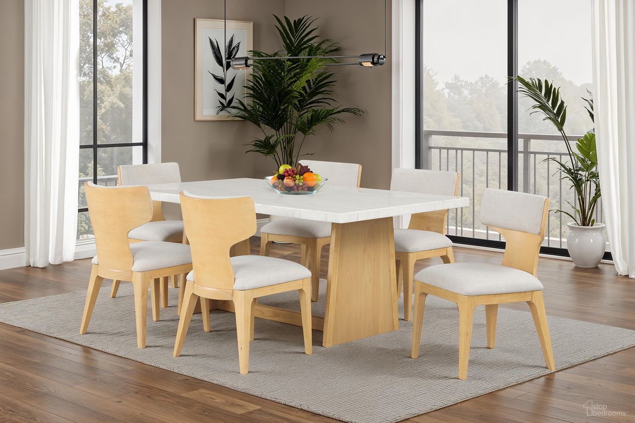 The appearance of Caerwys Dining Room Set In Natural designed by Furniture of America in the modern / contemporary interior design. This natural piece of furniture  was selected by 1StopBedrooms from Caerwys Collection to add a touch of cosiness and style into your home. Sku: FM34004NT-T-1;FM34004NT-T-2;FM34004NT-SC-2PK. Material: Fabric. Table Top Shape: Rectangular. Size: 42" x 70".