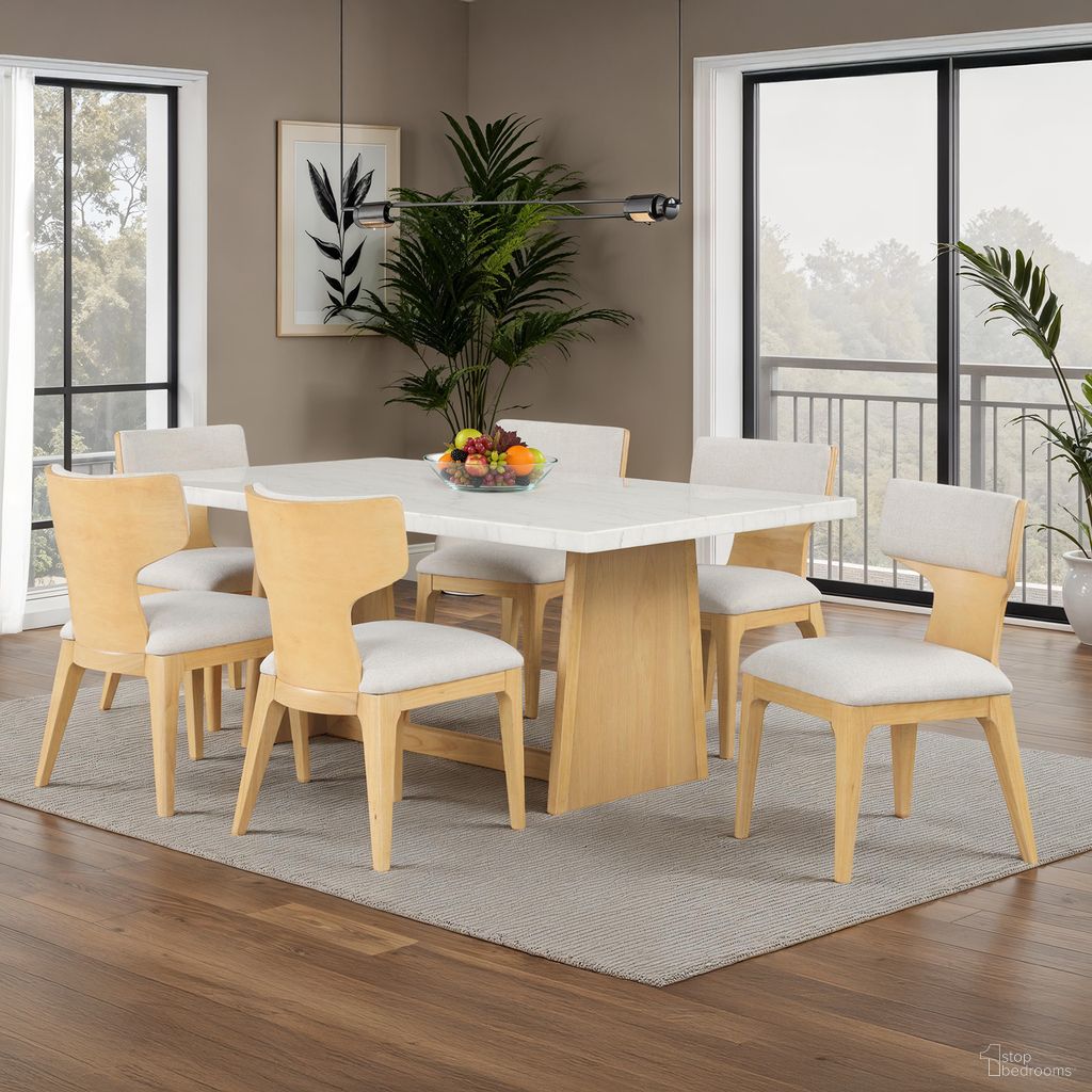 The appearance of Caerwys Dining Table In Natural designed by Furniture of America in the modern / contemporary interior design. This natural piece of furniture  was selected by 1StopBedrooms from Caerwys Collection to add a touch of cosiness and style into your home. Sku: FM34004NT-T-1;FM34004NT-T-2. Table Base Style: Double Pedestal. Material: Marble. Table Top Shape: Rectangular. Size: 42" x 70".