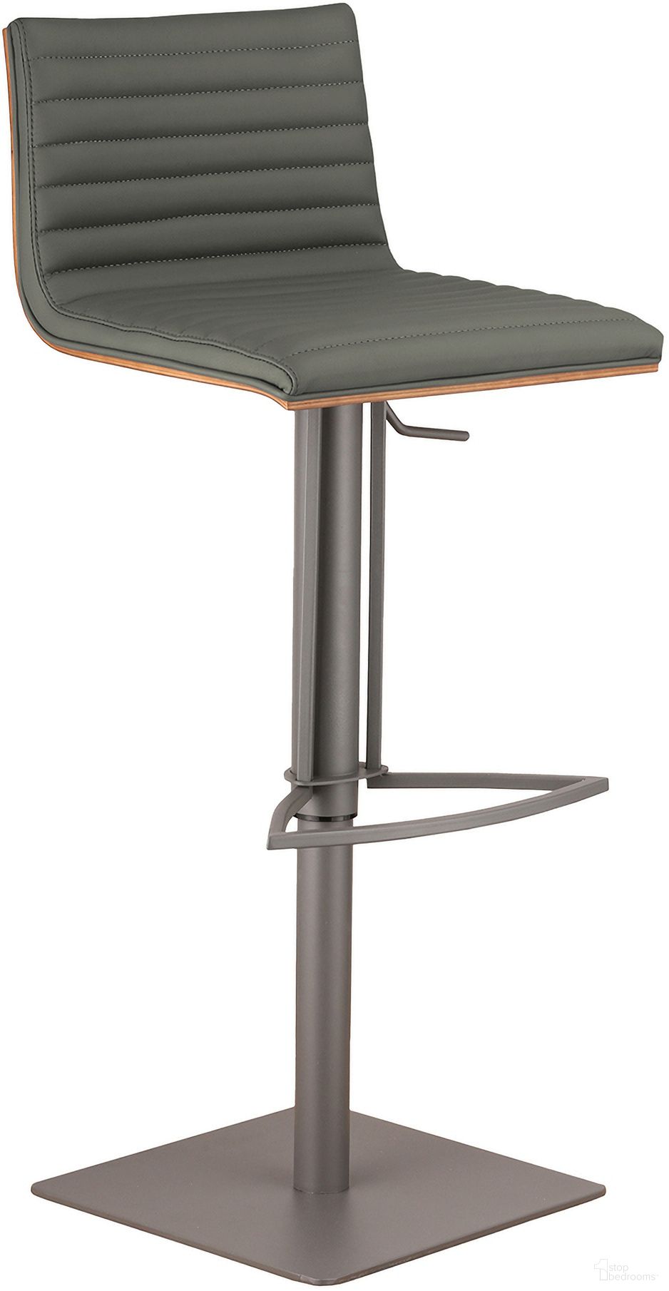 The appearance of Cafe Adjustable Height Swivel Gray Faux Leather and Walnut Wood Bar Stool with Gray Metal Base designed by Armen Living in the modern / contemporary interior design. This gray piece of furniture was selected by 1StopBedrooms from Cafe Collection to add a touch of cosiness and style into your home. Sku: LCCASWBAGRBA. Material: Wood.