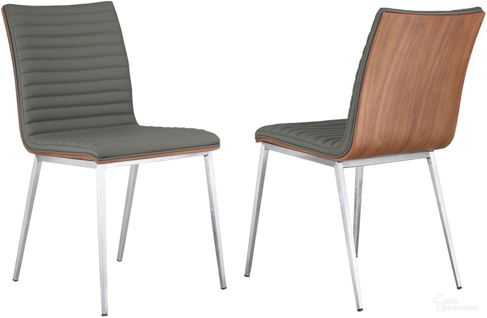 The appearance of Cafe Brushed Stainless Steel Dining Chair Set of 2 In Gray Faux Leather with Walnut Back designed by Armen Living in the modern / contemporary interior design. This gray piece of furniture was selected by 1StopBedrooms from Cafe Collection to add a touch of cosiness and style into your home. Sku: LCCACHGRB201. Material: Stainless Steel. Chair Type: Side Chair.