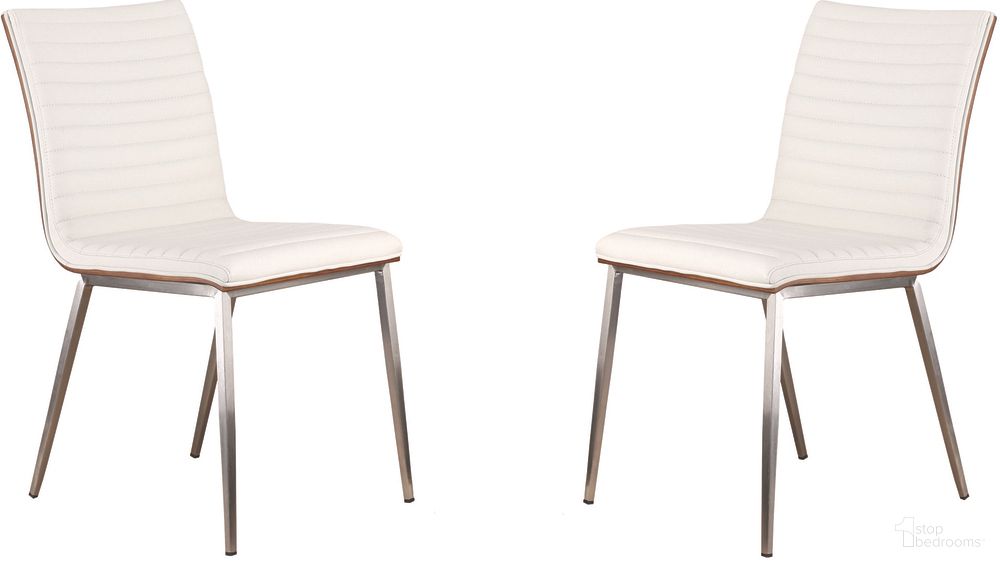 The appearance of Cafe Brushed Stainless Steel Dining Chair Set of 2 In White Faux Leather with Walnut Back designed by Armen Living in the modern / contemporary interior design. This white piece of furniture was selected by 1StopBedrooms from Cafe Collection to add a touch of cosiness and style into your home. Sku: LCCACHWHB201. Material: Stainless Steel. Chair Type: Side Chair.