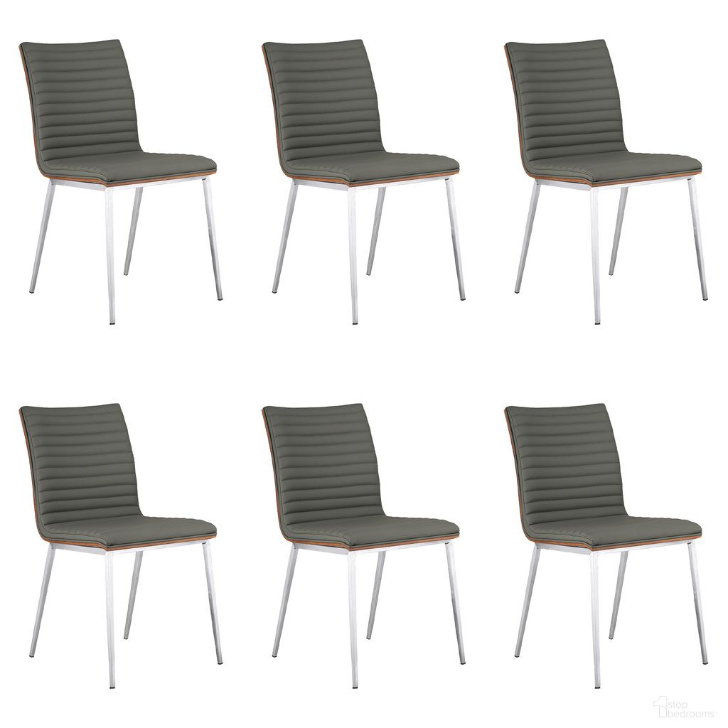 The appearance of Cafe Brushed Stainless Steel Dining Chair Set of 6 In Gray and Walnut designed by Armen Living in the modern / contemporary interior design. This gray and walnut piece of furniture was selected by 1StopBedrooms from Cafe Collection to add a touch of cosiness and style into your home. Sku: LCCACHGRB201;LCCACHGRB201;LCCACHGRB201. Material: Stainless Steel. Chair Type: Side Chair.