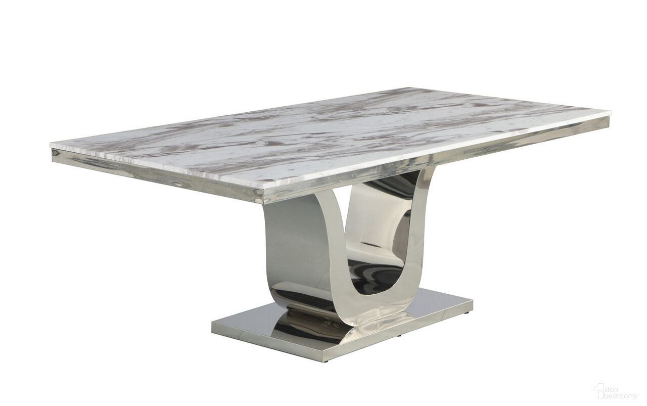 The appearance of Cahaya 78 x 40 Inch Dining Table In White Marble and Silver Stainless Steel Base designed by Best Quality Furniture in the modern / contemporary interior design. This white and silver piece of furniture  was selected by 1StopBedrooms from Cahaya Collection to add a touch of cosiness and style into your home. Sku: D13-DTT;D13-DTT;SC59;SC59;SC59. Table Base Style: Pedestal. Table Top Shape: Rectangular. Material: Stainless Steel. Size: 40" x 78".