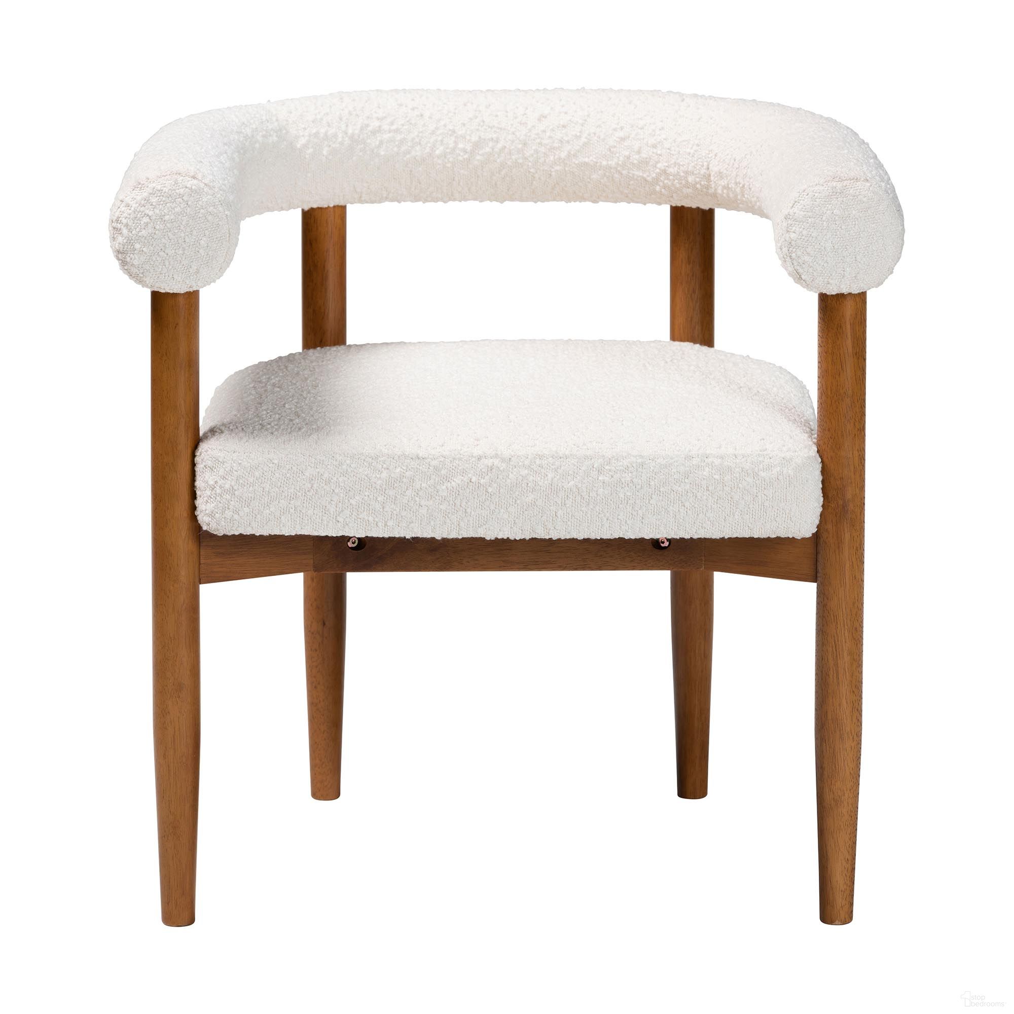 The appearance of Caia Boucle Dining Chair In Cream and Walnut Brown designed by Baxton Studio in the modern / contemporary interior design. This cream/walnut brown piece of furniture was selected by 1StopBedrooms from Caia Collection to add a touch of cosiness and style into your home. Sku: BBT5540-Cream/Walnut-DC. Chair Type: Arm Chair. Material: Boucle Fabric.