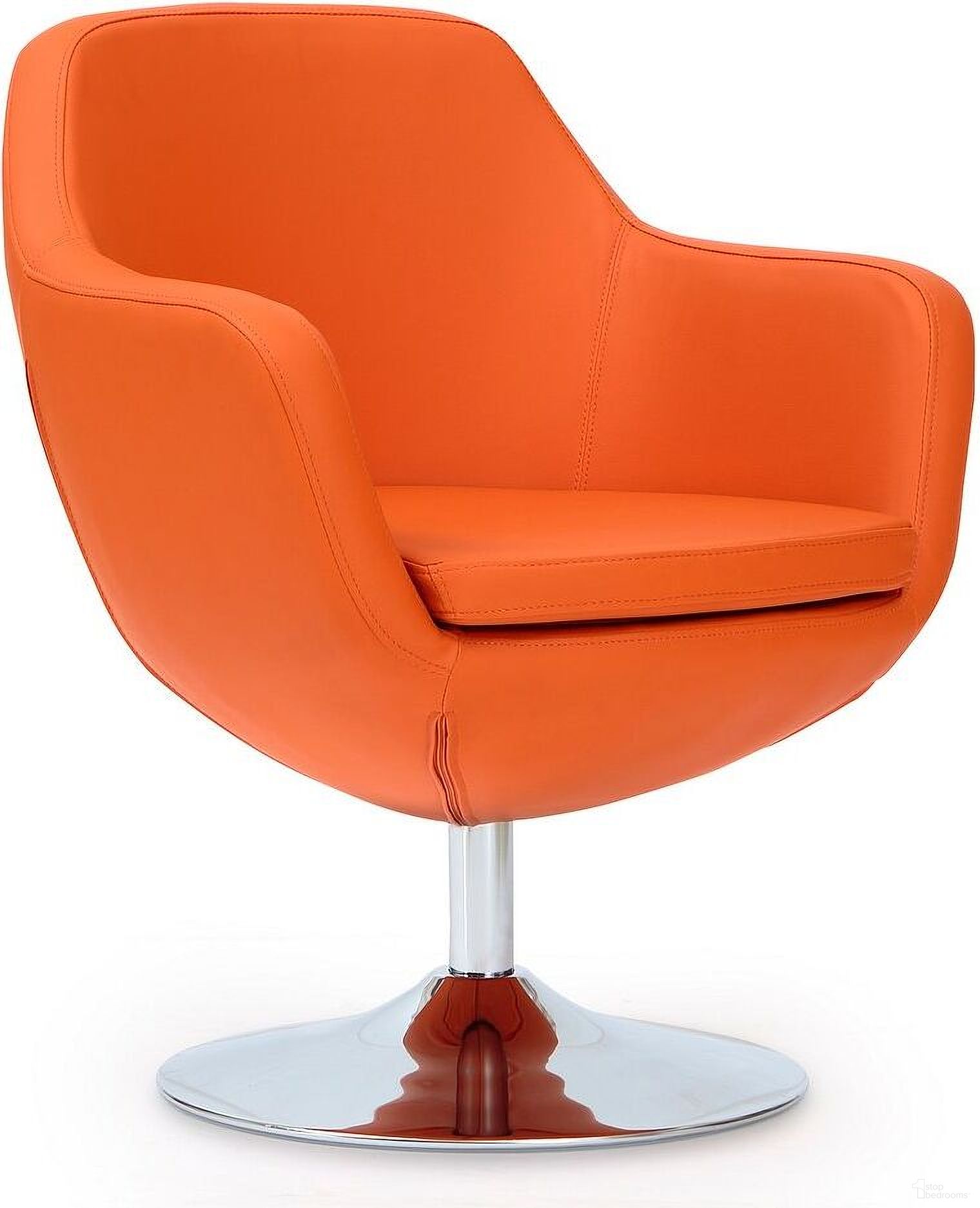 The appearance of Caisson Faux Leather Swivel Accent Chair in Orange and Polished Chrome designed by Manhattan Comfort in the modern / contemporary interior design. This orange piece of furniture  was selected by 1StopBedrooms from Caisson Collection to add a touch of cosiness and style into your home. Sku: AC028-OR. Material: Metal.