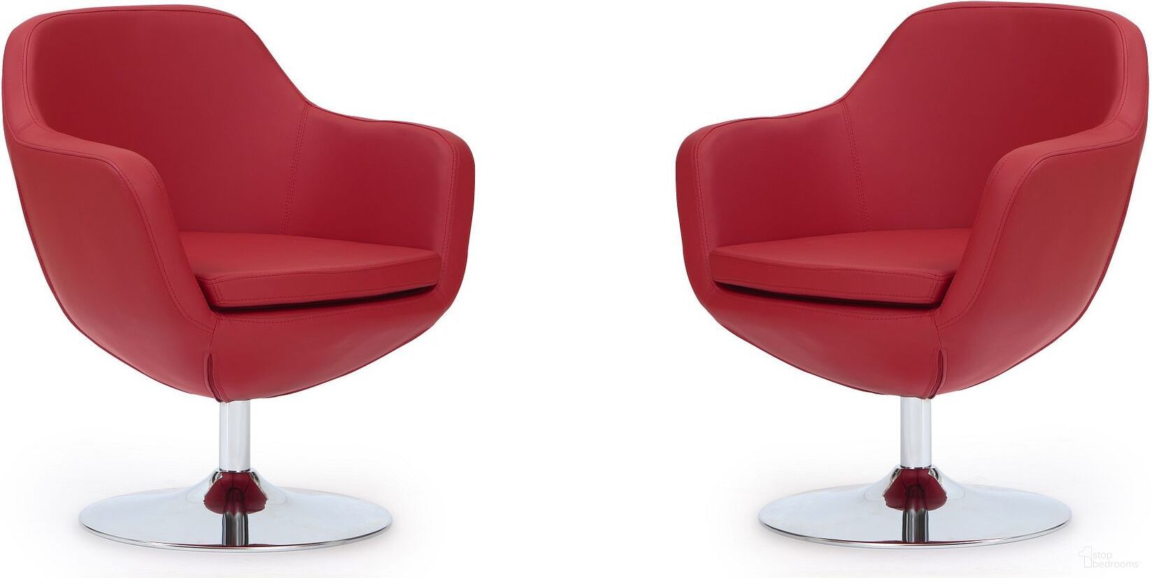 The appearance of Caisson Faux Leather Swivel Accent Chair in Red and Polished Chrome (Set of 2) designed by Manhattan Comfort in the modern / contemporary interior design. This red piece of furniture was selected by 1StopBedrooms from Caisson Collection to add a touch of cosiness and style into your home. Sku: AC028-RD;AC028-RD. Material: Metal.