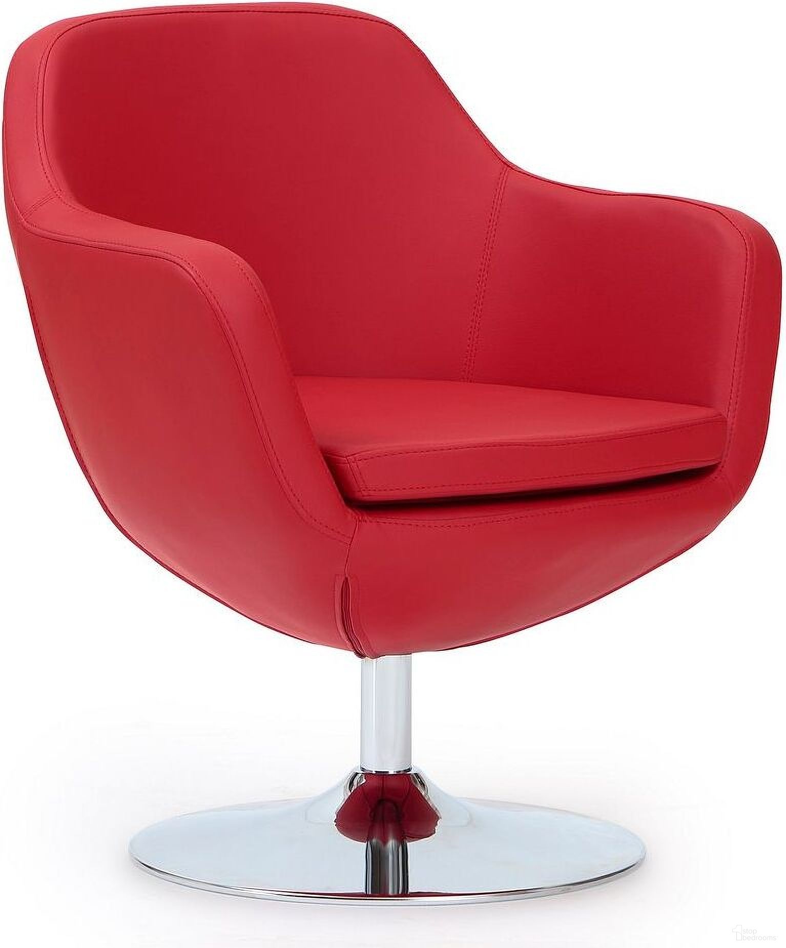 The appearance of Caisson Faux Leather Swivel Accent Chair in Red and Polished Chrome designed by Manhattan Comfort in the modern / contemporary interior design. This red piece of furniture  was selected by 1StopBedrooms from Caisson Collection to add a touch of cosiness and style into your home. Sku: AC028-RD. Material: Metal.