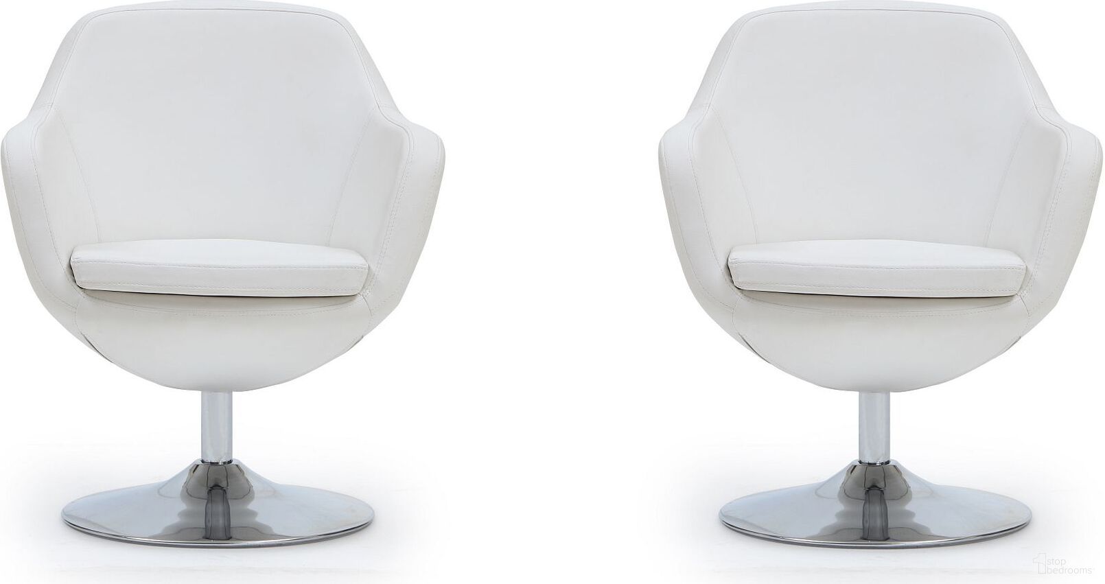 The appearance of Caisson Faux Leather Swivel Accent Chair in White and Polished Chrome (Set of 2) designed by Manhattan Comfort in the modern / contemporary interior design. This white piece of furniture  was selected by 1StopBedrooms from Caisson Collection to add a touch of cosiness and style into your home. Sku: AC028-WH;AC028-WH. Material: Metal.