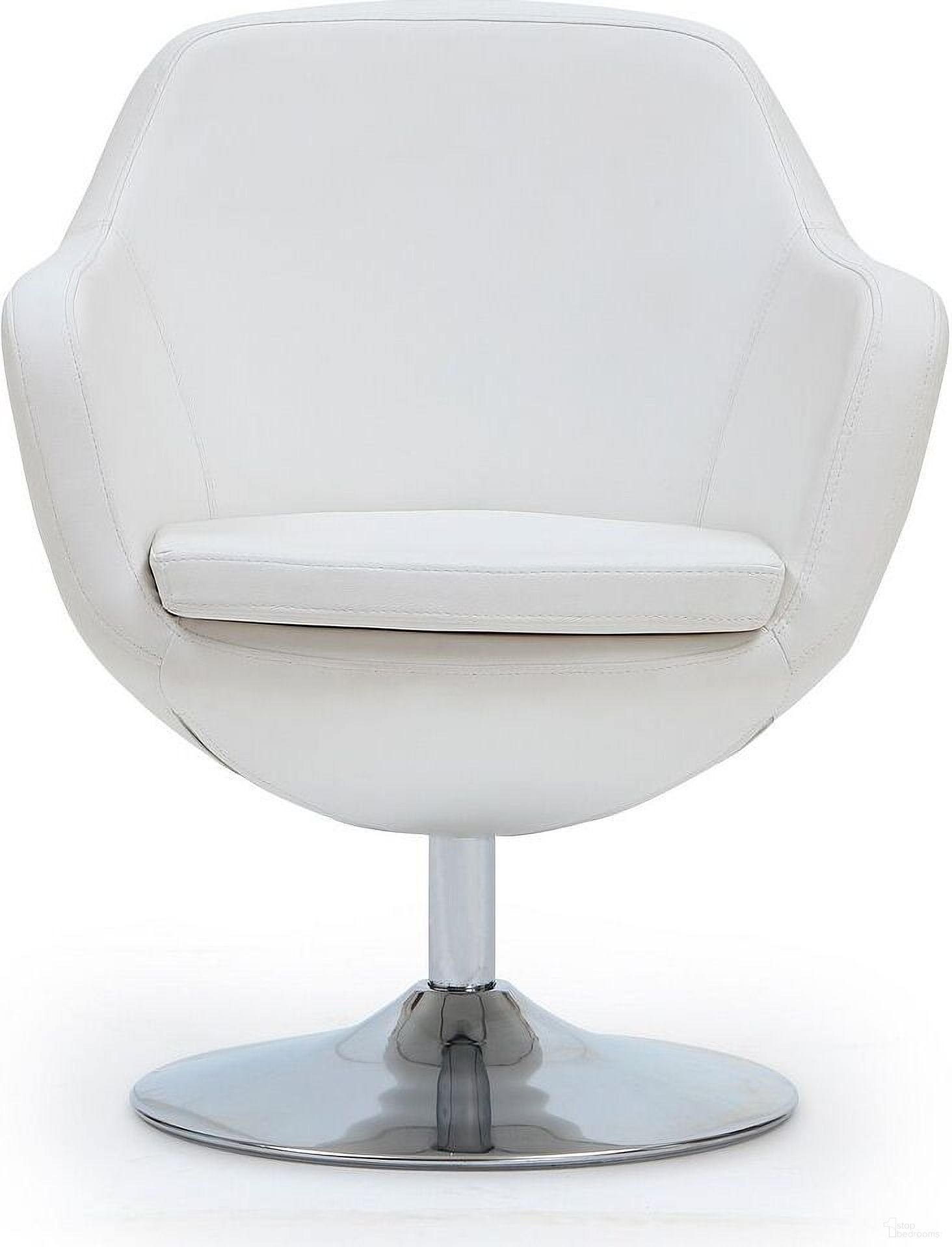 The appearance of Caisson Faux Leather Swivel Accent Chair in White and Polished Chrome designed by Manhattan Comfort in the modern / contemporary interior design. This white piece of furniture was selected by 1StopBedrooms from Caisson Collection to add a touch of cosiness and style into your home. Sku: AC028-WH. Material: Metal.
